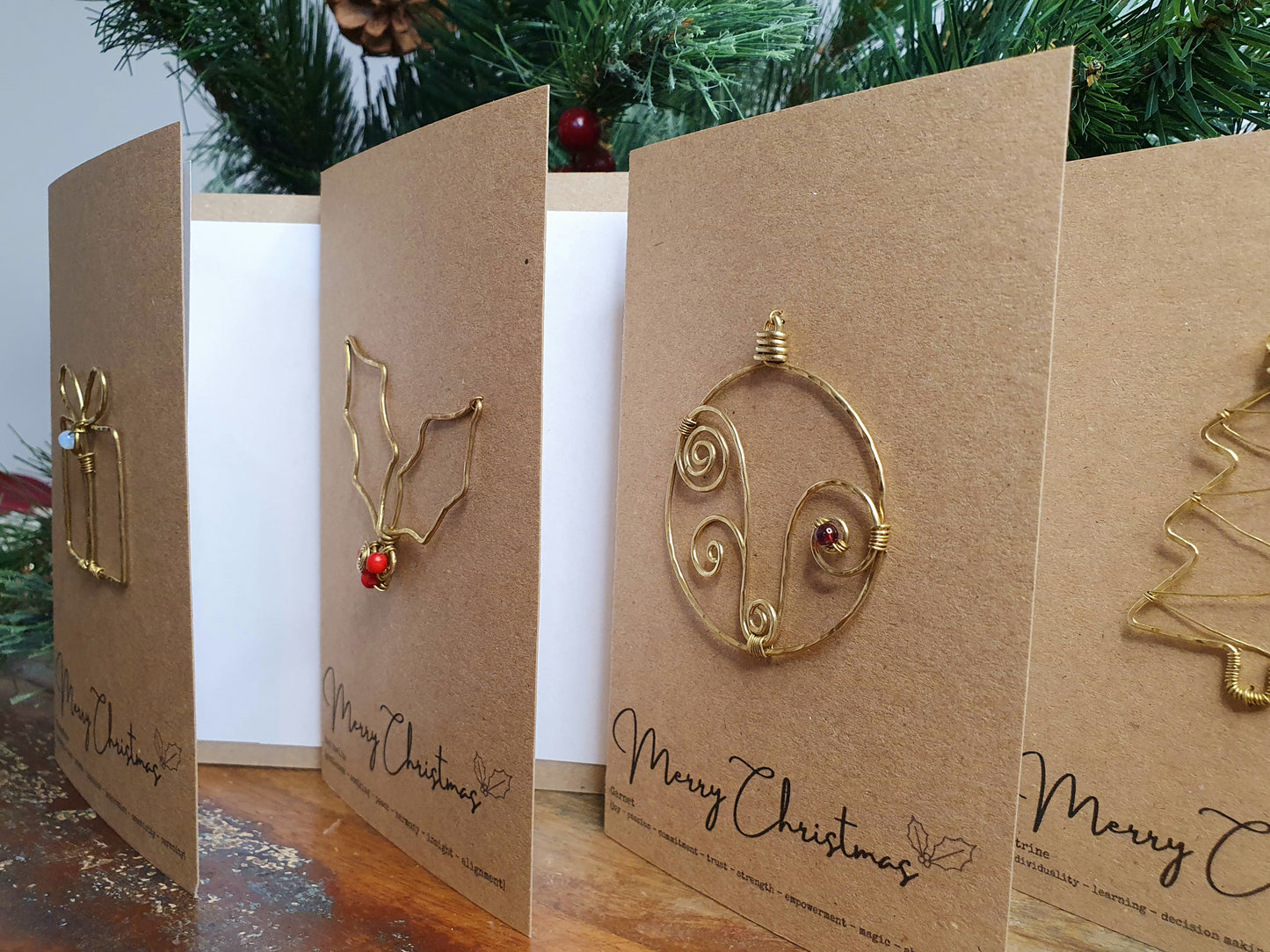 Crystal Christmas cards, eco wire art Christmas symbol and gemstone festive greetings cards, blank inside set of 5 unique holiday cards