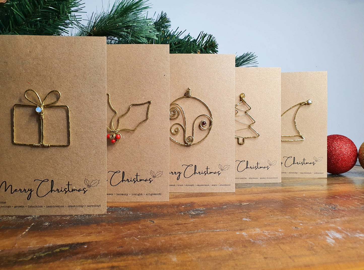 Crystal Christmas cards, eco wire art Christmas symbol and gemstone festive greetings cards, blank inside set of 5 unique holiday cards