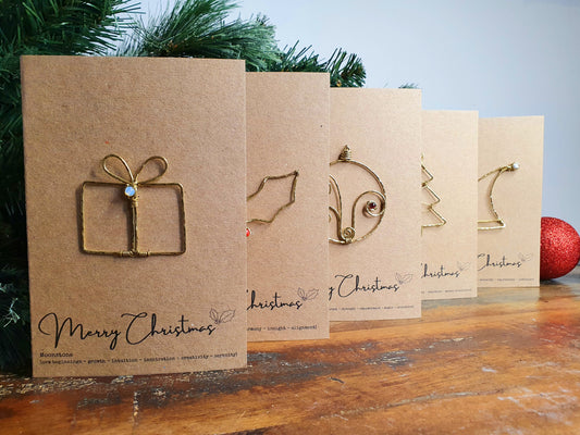 Crystal Christmas cards, eco wire art Christmas symbol and gemstone festive greetings cards, blank inside set of 5 unique holiday cards