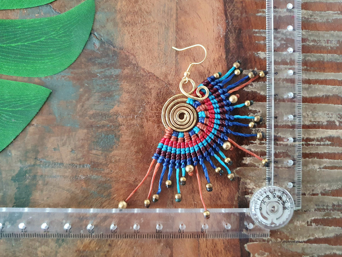 Macramé earrings, thai earrings,fan earrings,amazing gift,blue earrings,boho earrings,sunburst earrings,gold bead earrings,wire wrapped joy