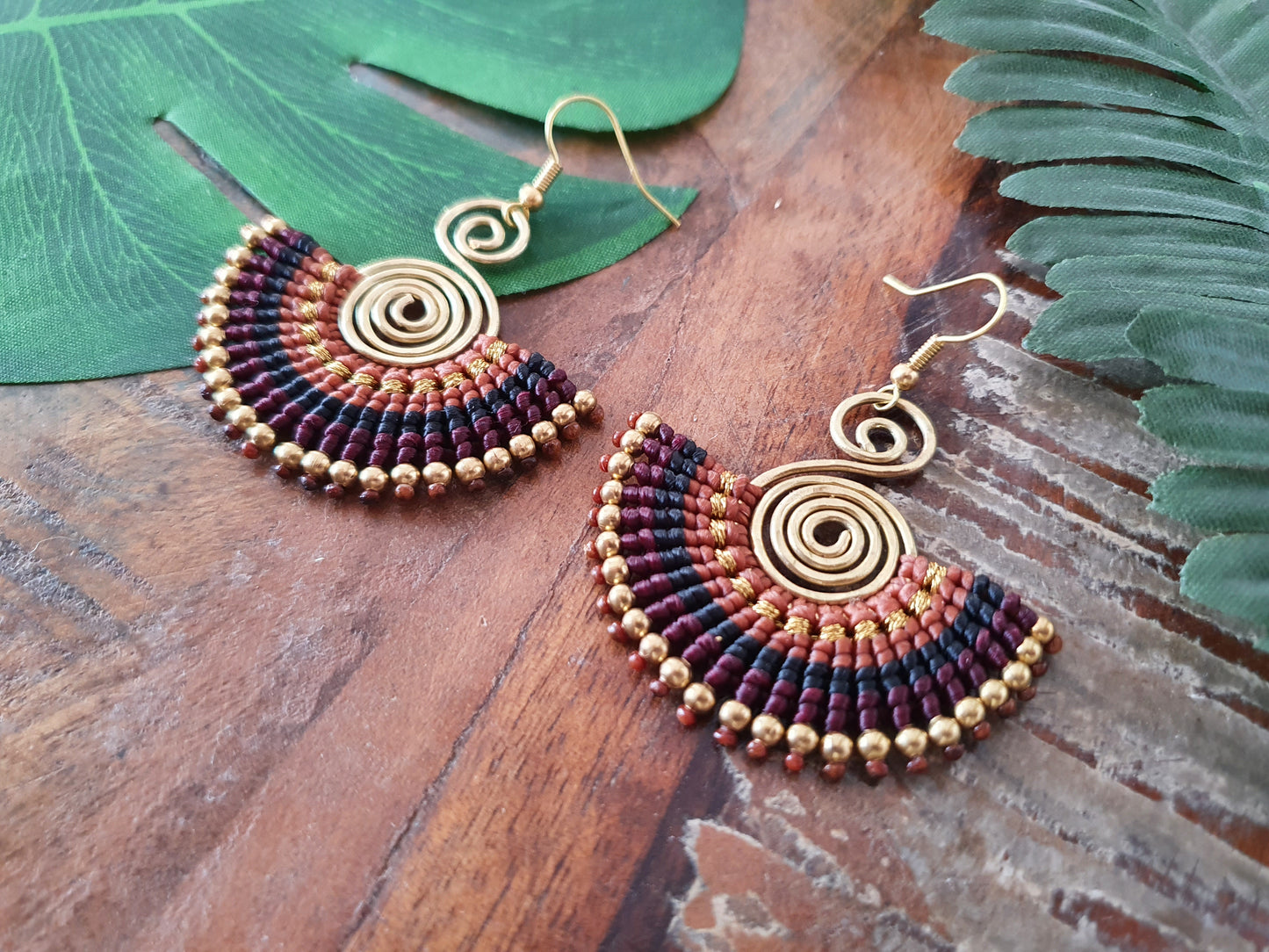 Macramé fan earrings, Autumn Winter brown gold caramel Thai braided wire art spiral earrings, boho tribal earthy witchy gift for her woman