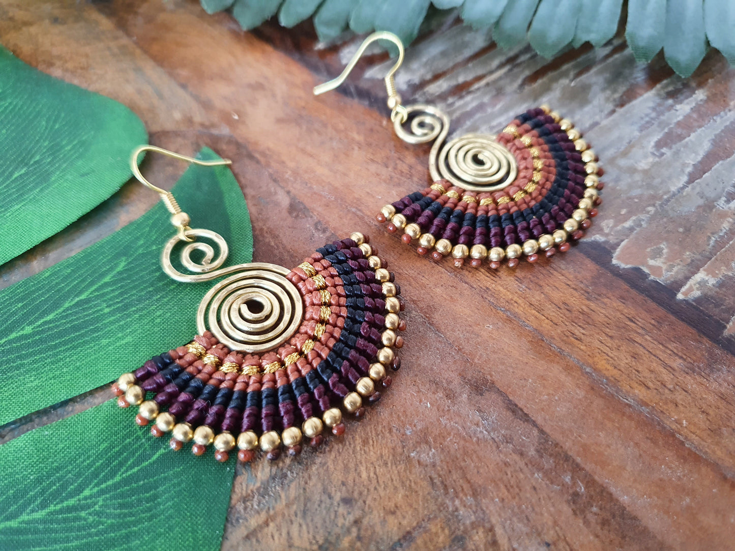 Macramé fan earrings, Autumn Winter brown gold caramel Thai braided wire art spiral earrings, boho tribal earthy witchy gift for her woman