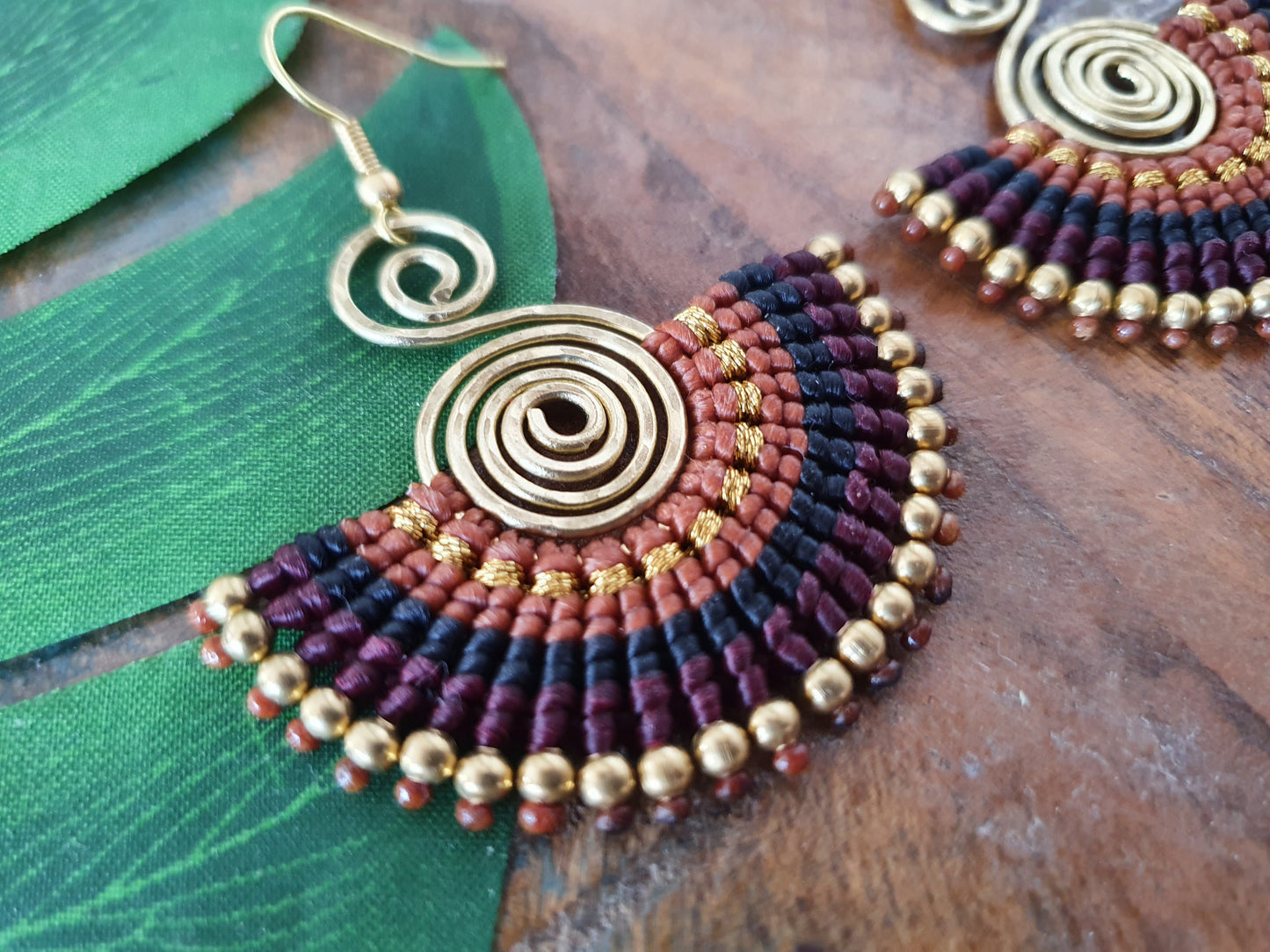 Macramé fan earrings, Autumn Winter brown gold caramel Thai braided wire art spiral earrings, boho tribal earthy witchy gift for her woman