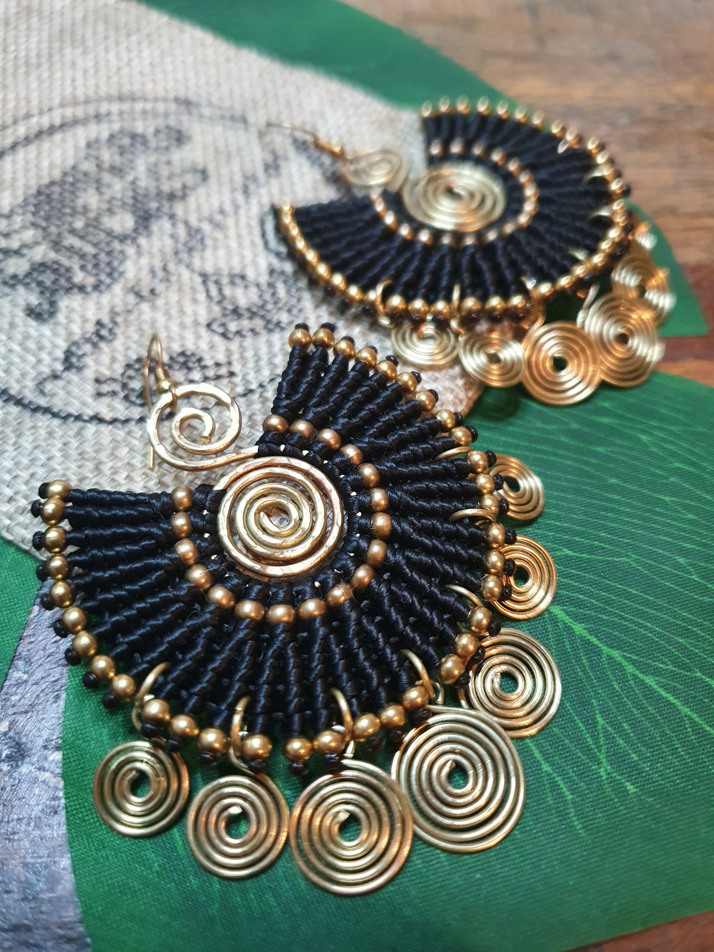 EGYPTIAN QUEEN Tribal bohemian spiral earrings, gold wire macramé black statement ethnic hippie earrings, Thai handmade large earrings for women queens