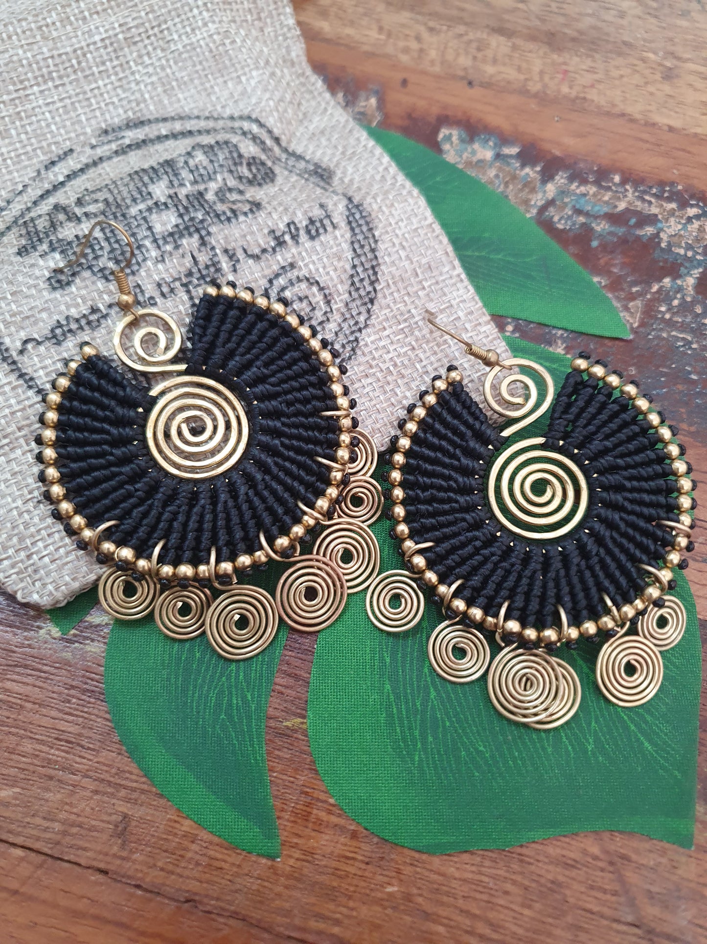 EGYPTIAN QUEEN Tribal bohemian spiral earrings, gold wire macramé black statement ethnic hippie earrings, Thai handmade large earrings for women queens