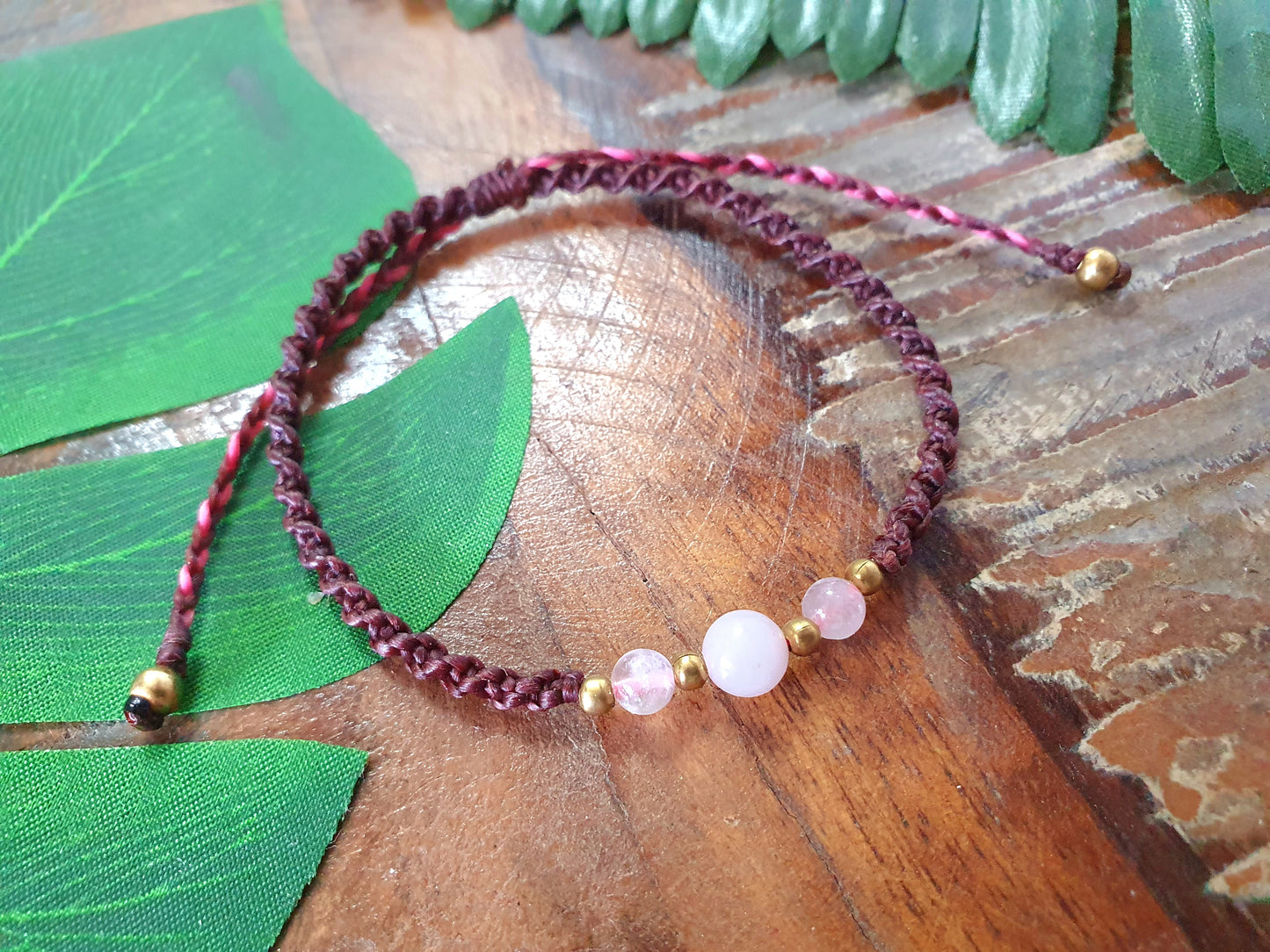 Rose quartz crystal bracelet, pink crystal red bracelet, red macrame bracelet, boho gift for girl woman mother, crystals for love positivity