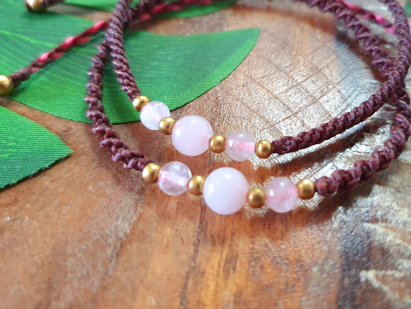 Rose quartz crystal bracelet, pink crystal red bracelet, red macrame bracelet, boho gift for girl woman mother, crystals for love positivity