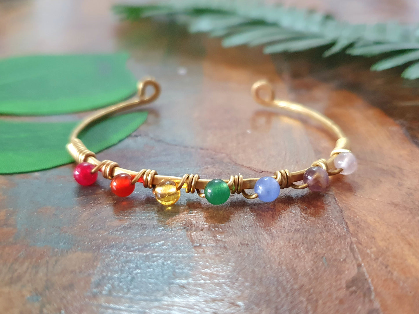 Gold brass wire rainbow crystal bracelet, PRIDE bangle, rainbow chakra 4mm gemstones, gold stacking bracelets, boho colour bangles