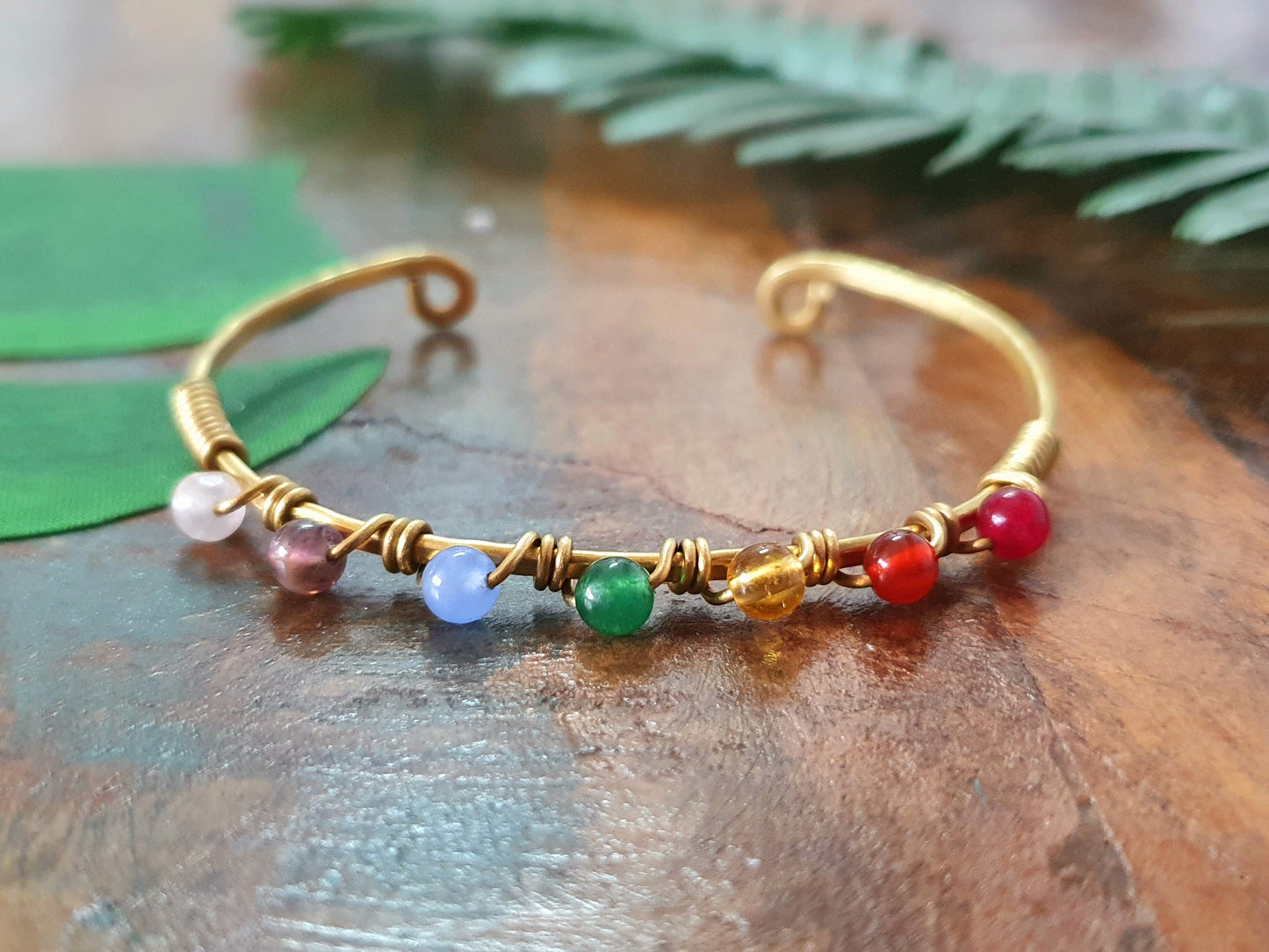 Gold brass wire rainbow crystal bracelet, PRIDE bangle, rainbow chakra 4mm gemstones, gold stacking bracelets, boho colour bangles