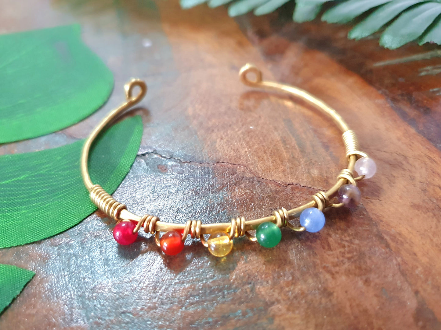 Gold brass wire rainbow crystal bracelet, PRIDE bangle, rainbow chakra 4mm gemstones, gold stacking bracelets, boho colour bangles