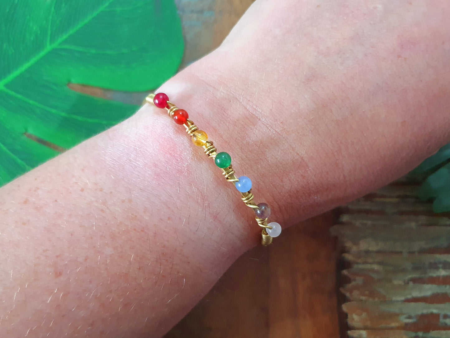 Gold brass wire rainbow crystal bracelet, PRIDE bangle, rainbow chakra 4mm gemstones, gold stacking bracelets, boho colour bangles