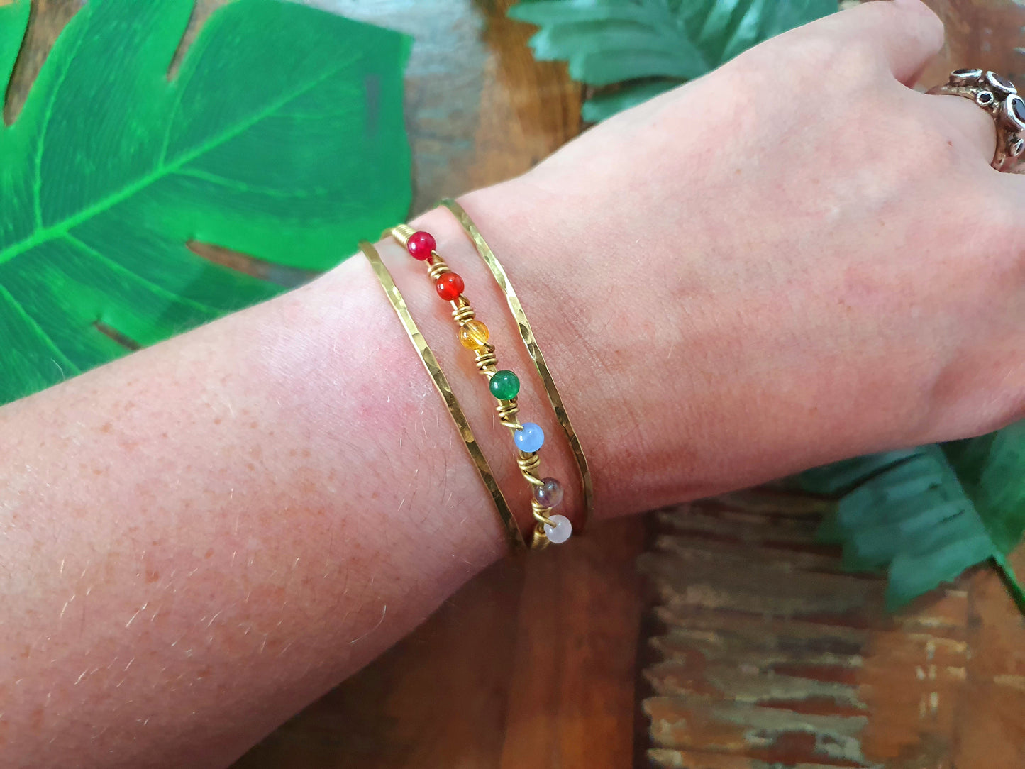 Gold brass wire rainbow crystal bracelet, PRIDE bangle, rainbow chakra 4mm gemstones, gold stacking bracelets, boho colour bangles