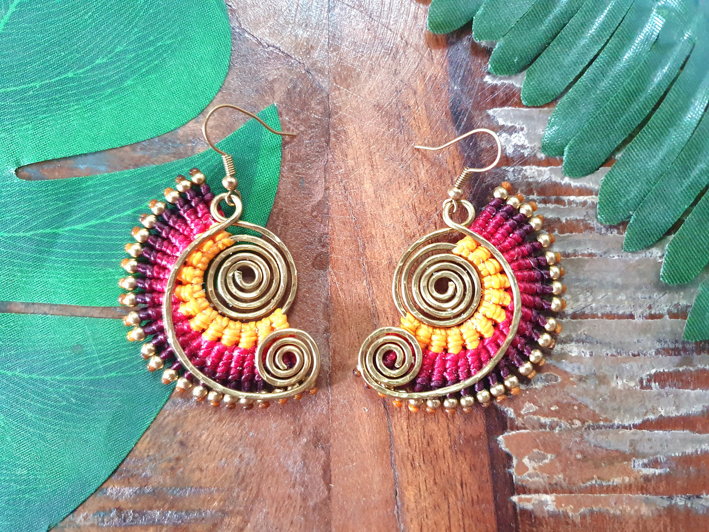 Sunset spiral macrame earrings, tropical funky 70s boho hippie Thai wire art gold earrings, red yellow gift for her woman sister mother