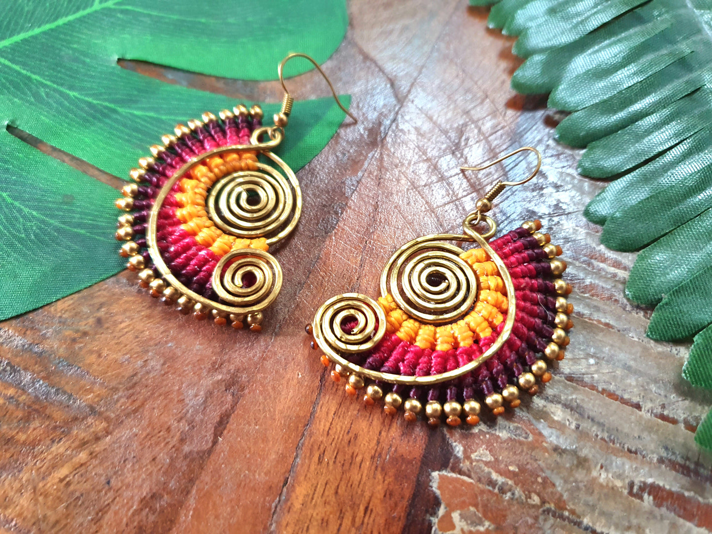 Sunset spiral macrame earrings, tropical funky 70s boho hippie Thai wire art gold earrings, red yellow gift for her woman sister mother