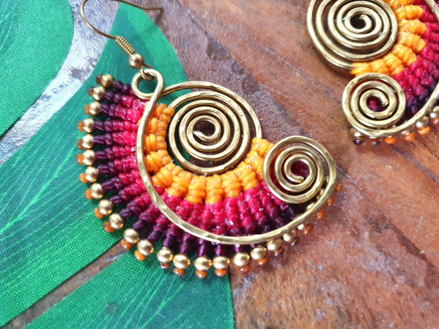 Sunset spiral macrame earrings, tropical funky 70s boho hippie Thai wire art gold earrings, red yellow gift for her woman sister mother