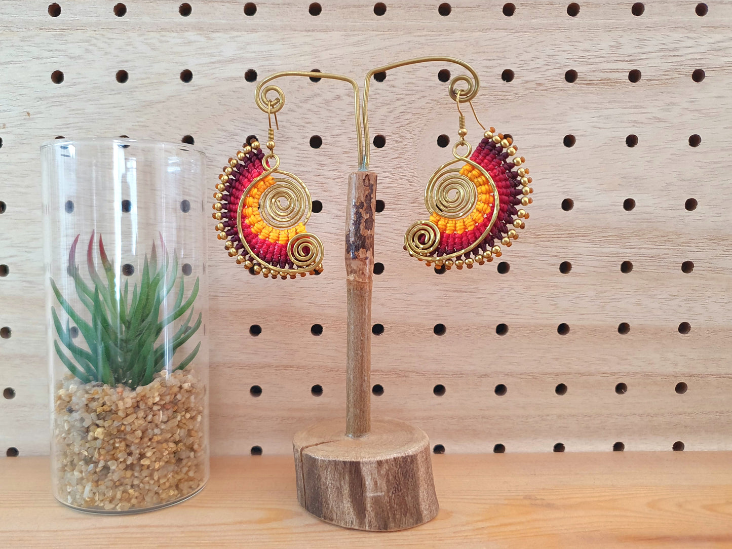 Sunset spiral macrame earrings, tropical funky 70s boho hippie Thai wire art gold earrings, red yellow gift for her woman sister mother