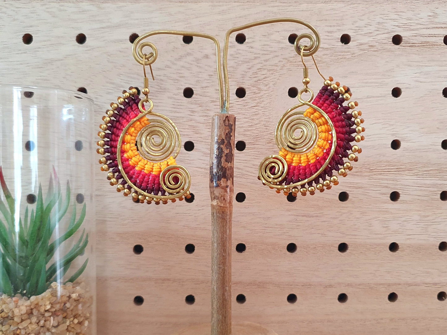 Sunset spiral macrame earrings, tropical funky 70s boho hippie Thai wire art gold earrings, red yellow gift for her woman sister mother