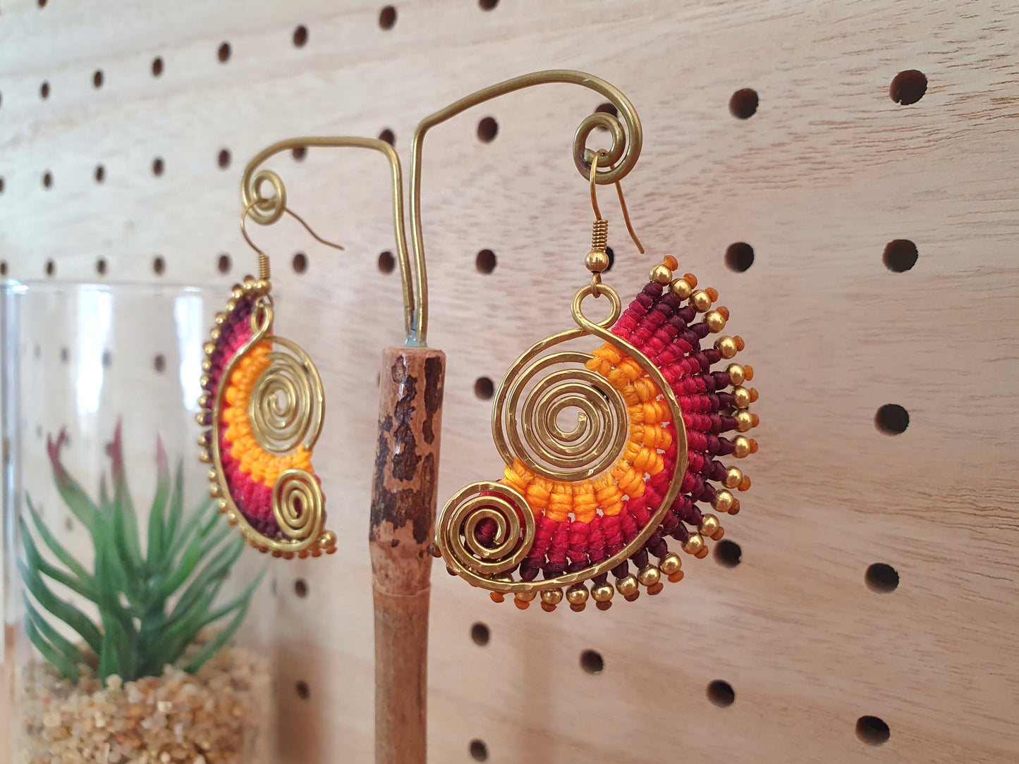 Sunset spiral macrame earrings, tropical funky 70s boho hippie Thai wire art gold earrings, red yellow gift for her woman sister mother