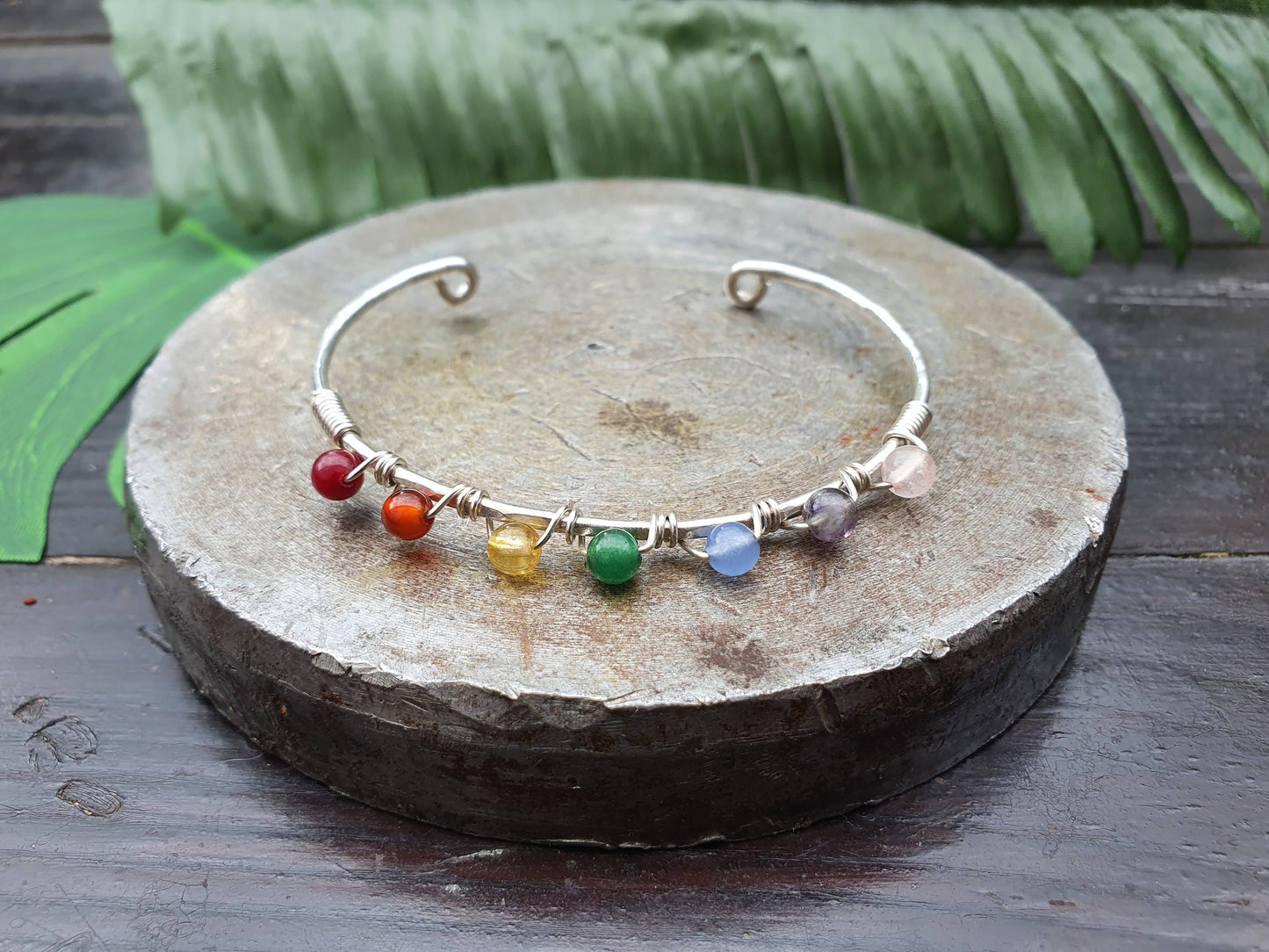 925 sterling silver wire rainbow crystal bracelet, PRIDE bangle, rainbow chakra 4mm gemstones, silver stacking bracelets, boho colour bangles