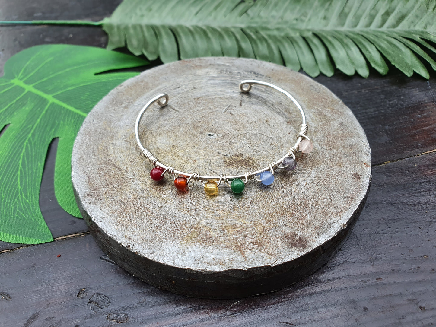 925 sterling silver wire rainbow crystal bracelet, PRIDE bangle, rainbow chakra 4mm gemstones, silver stacking bracelets, boho colour bangles