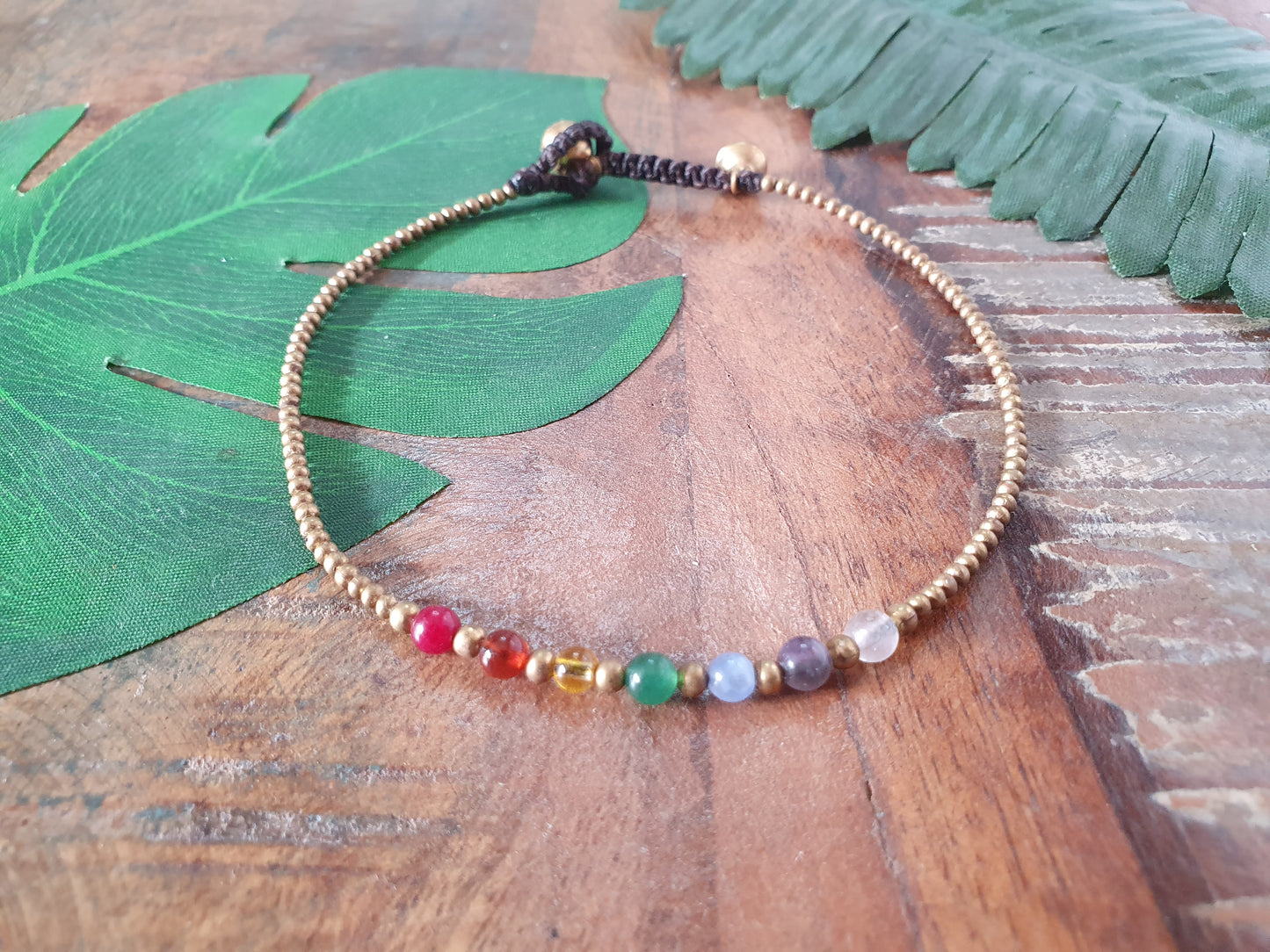 Rainbow crystal beaded anklet, chakra gemstone & gold bead, rubellite orange agate citrine jade blue agate amethyst rose quartz, beaded stacking