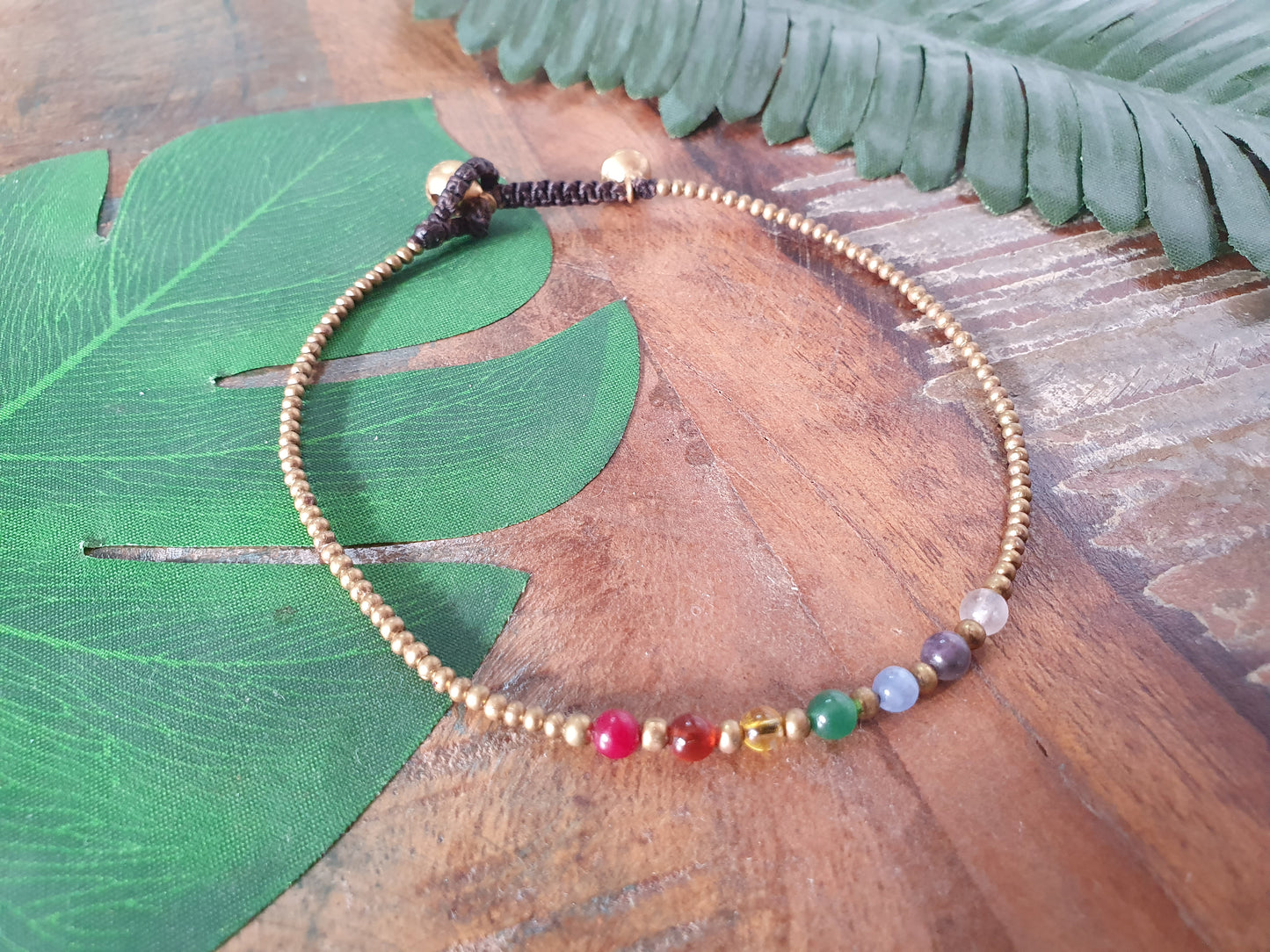 Rainbow crystal beaded anklet, chakra gemstone & gold bead, rubellite orange agate citrine jade blue agate amethyst rose quartz, beaded stacking