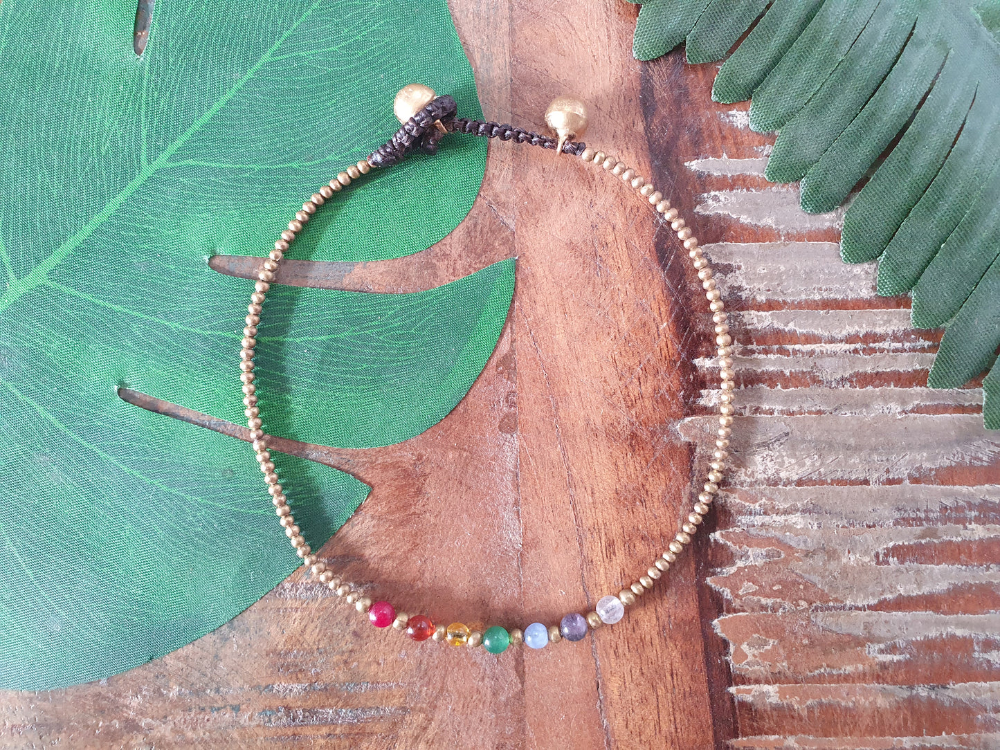 Rainbow crystal beaded anklet, chakra gemstone & gold bead, rubellite orange agate citrine jade blue agate amethyst rose quartz, beaded stacking