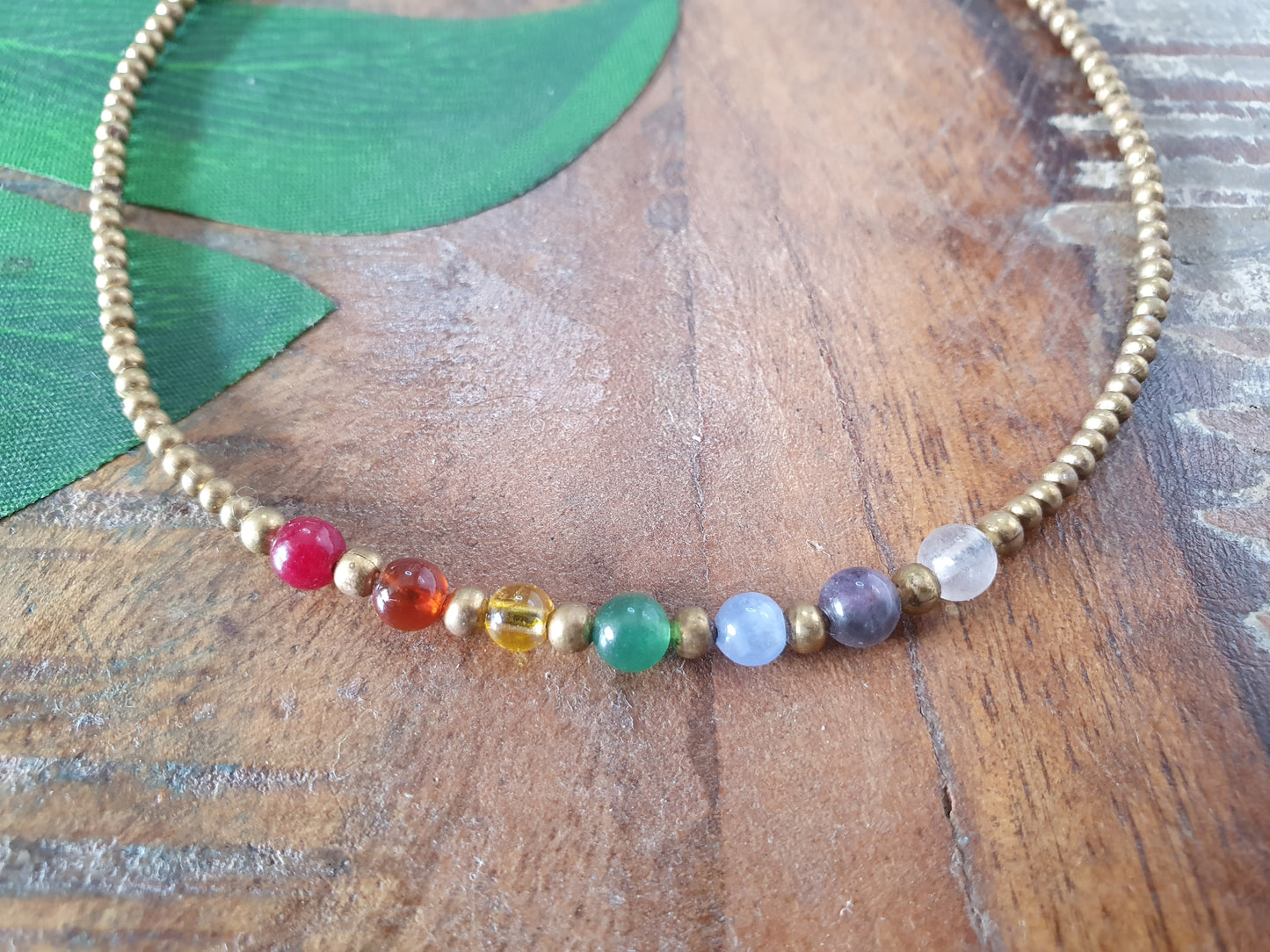 Rainbow crystal beaded anklet, chakra gemstone & gold bead, rubellite orange agate citrine jade blue agate amethyst rose quartz, beaded stacking