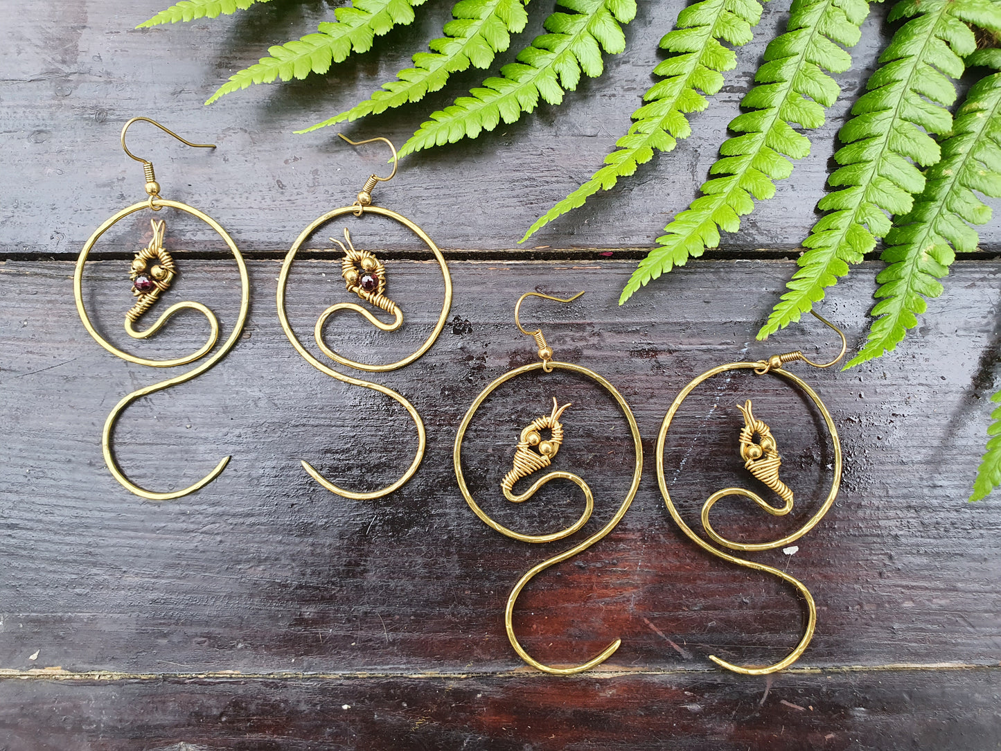 Gold crystal snake earrings, Halloween costume witch medusa gothic costume jewellery, personalised gold brass wire, choose gemstone earrings