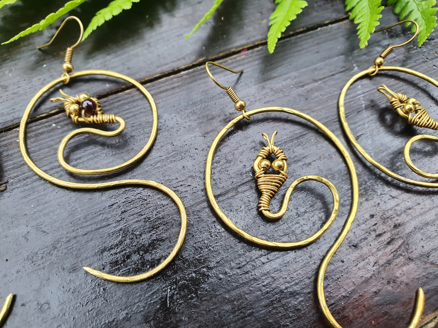 Gold crystal snake earrings, Halloween costume witch medusa gothic costume jewellery, personalised gold brass wire, choose gemstone earrings