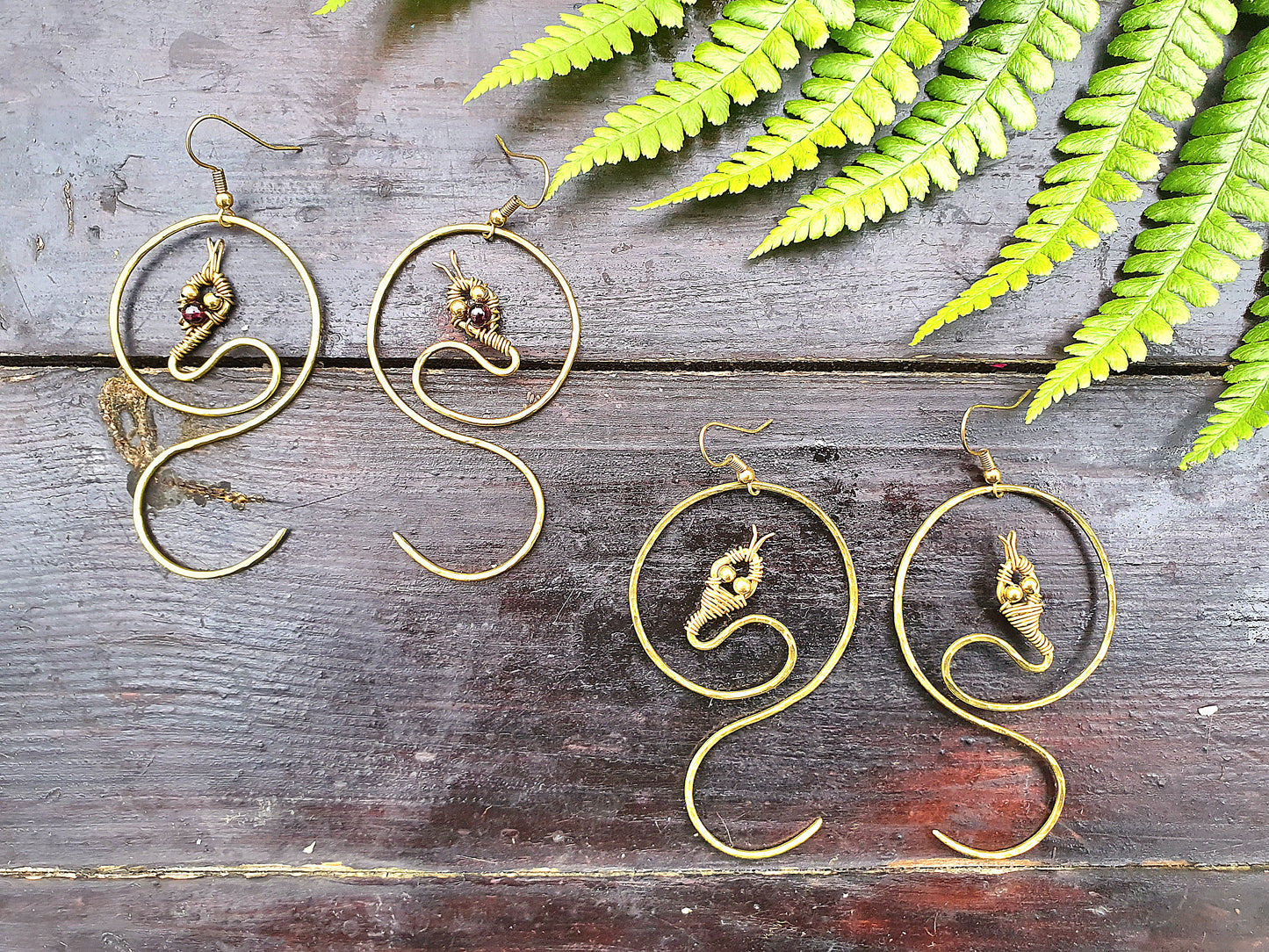 Gold crystal snake earrings, Halloween costume witch medusa gothic costume jewellery, personalised gold brass wire, choose gemstone earrings