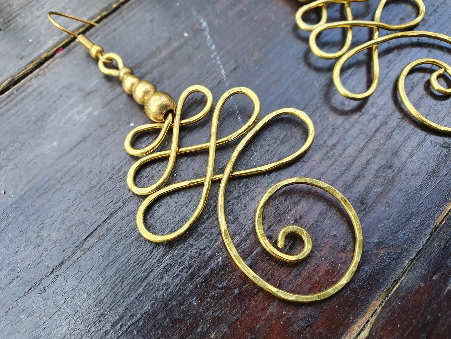 Gold UNALOME earrings, hammered wire buddhist symbol of life journey meaningful mindful spiritual jewellery, boho tribal feminist wire art