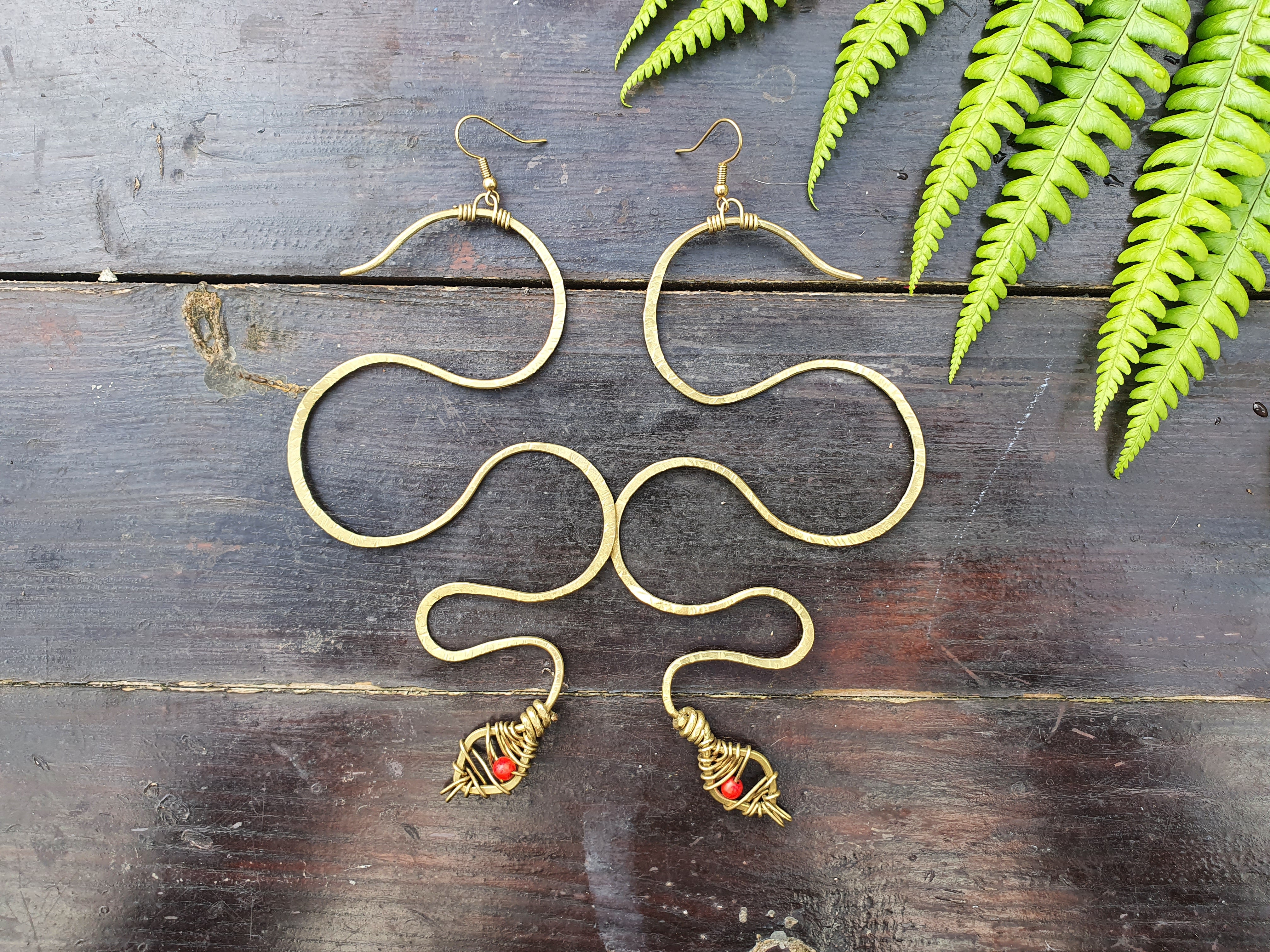 Brass long snake serpent buy wire earrings handmade