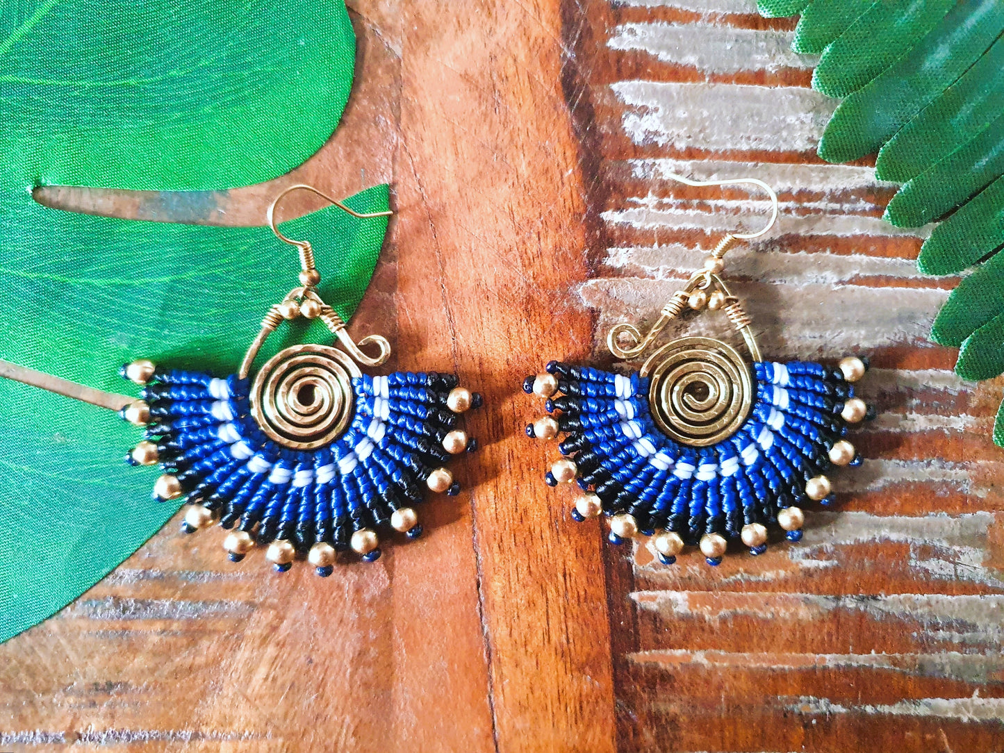 Blue macramé earrings,indigo earrings,wire wrap earrings,gold wire earrings,spiral earrings,thai earrings,handmade earrings,boho earrings