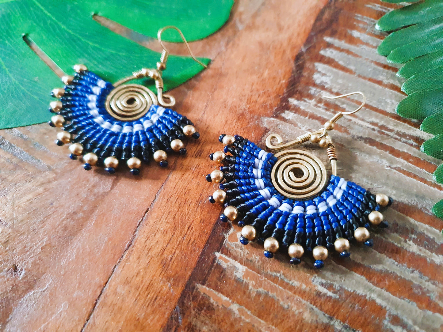 Blue macramé earrings,indigo earrings,wire wrap earrings,gold wire earrings,spiral earrings,thai earrings,handmade earrings,boho earrings