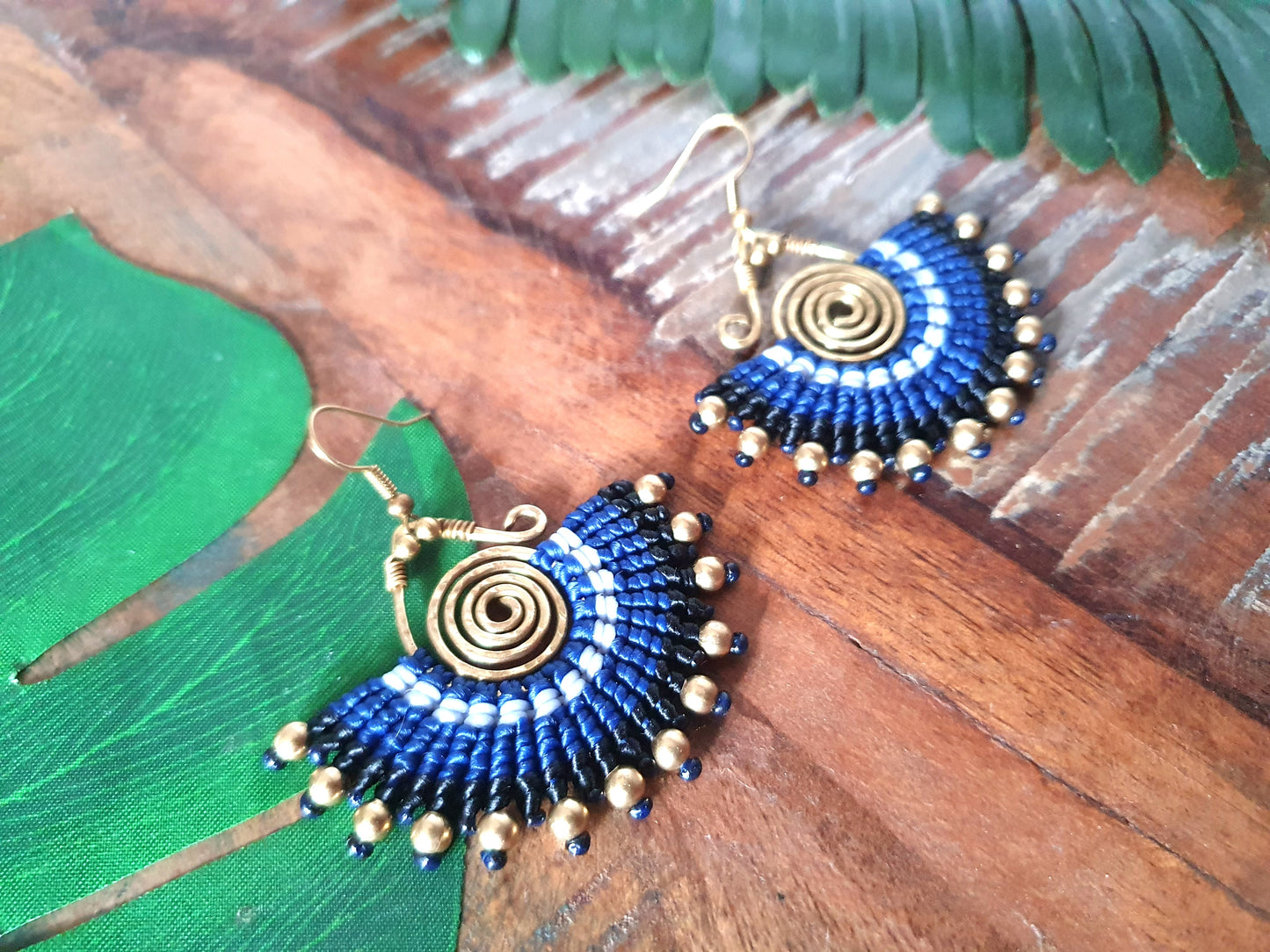 Blue macramé earrings,indigo earrings,wire wrap earrings,gold wire earrings,spiral earrings,thai earrings,handmade earrings,boho earrings