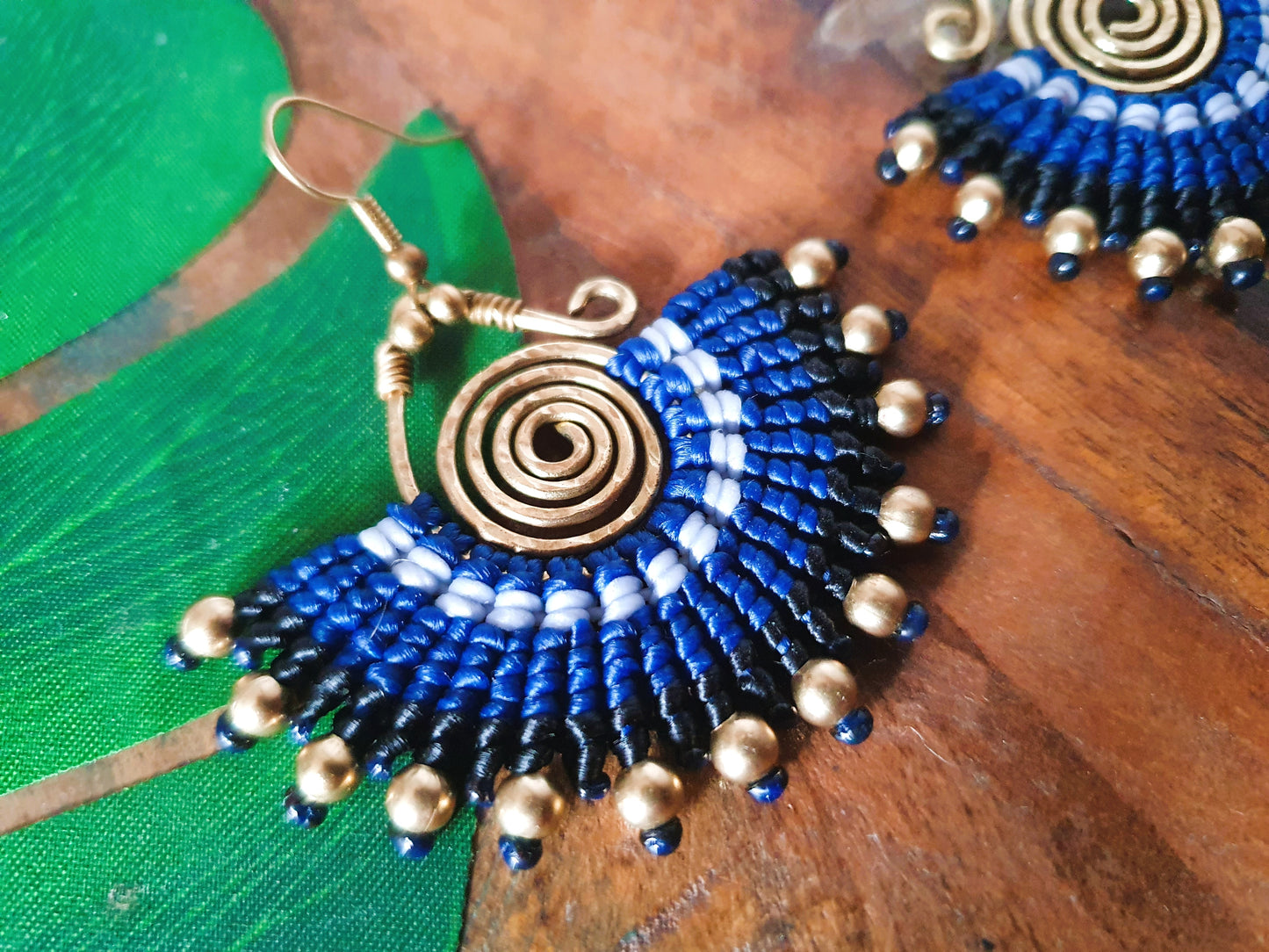 Blue macramé earrings,indigo earrings,wire wrap earrings,gold wire earrings,spiral earrings,thai earrings,handmade earrings,boho earrings