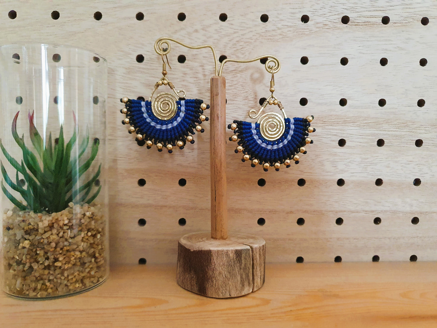 Blue macramé earrings,indigo earrings,wire wrap earrings,gold wire earrings,spiral earrings,thai earrings,handmade earrings,boho earrings