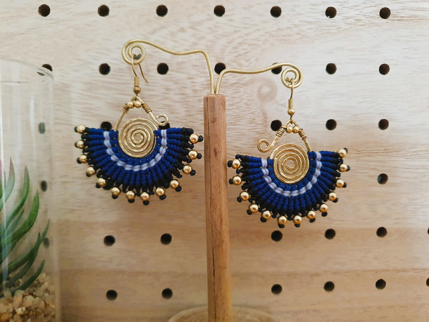 Blue macramé earrings,indigo earrings,wire wrap earrings,gold wire earrings,spiral earrings,thai earrings,handmade earrings,boho earrings