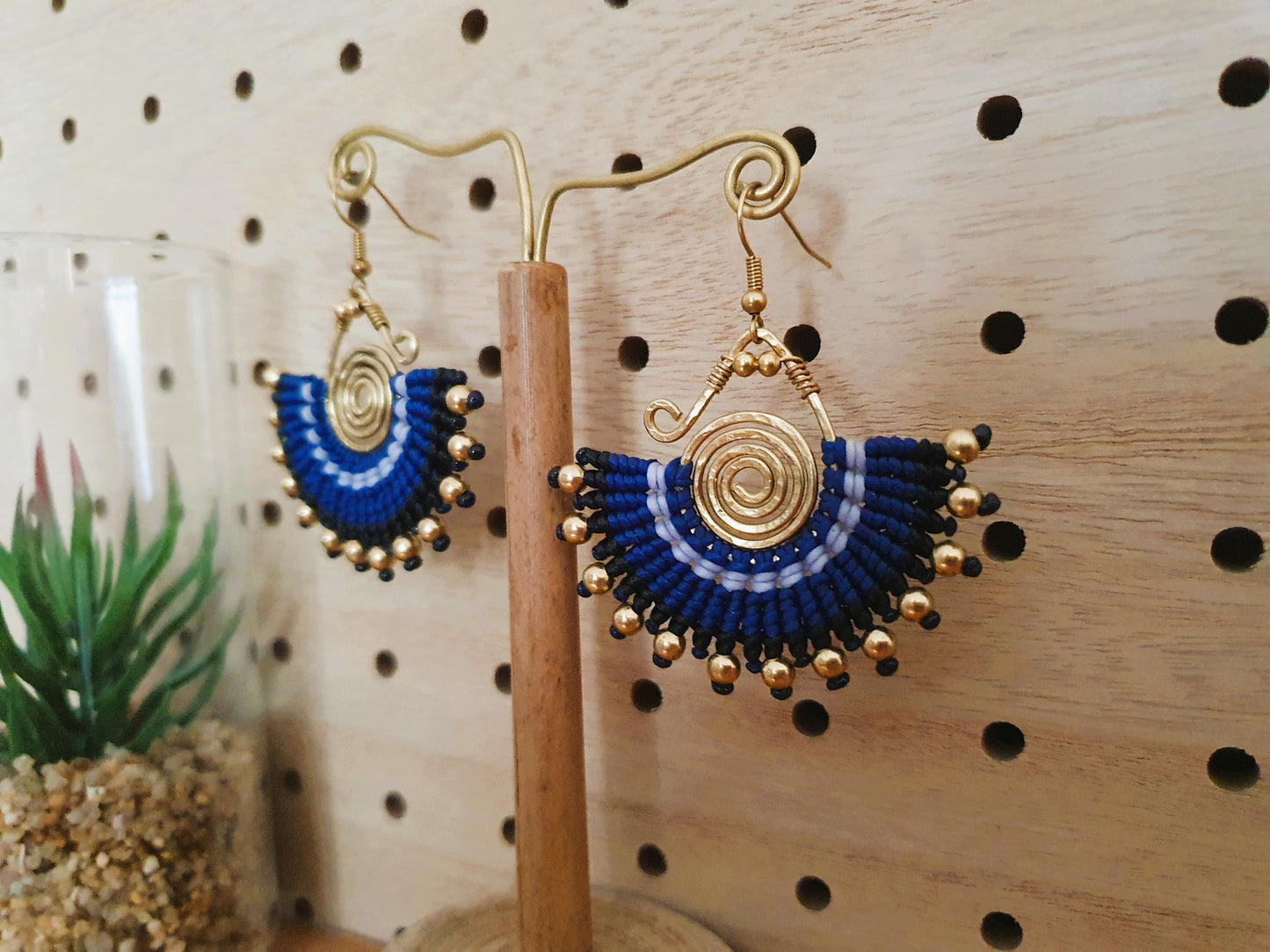 Blue macramé earrings,indigo earrings,wire wrap earrings,gold wire earrings,spiral earrings,thai earrings,handmade earrings,boho earrings