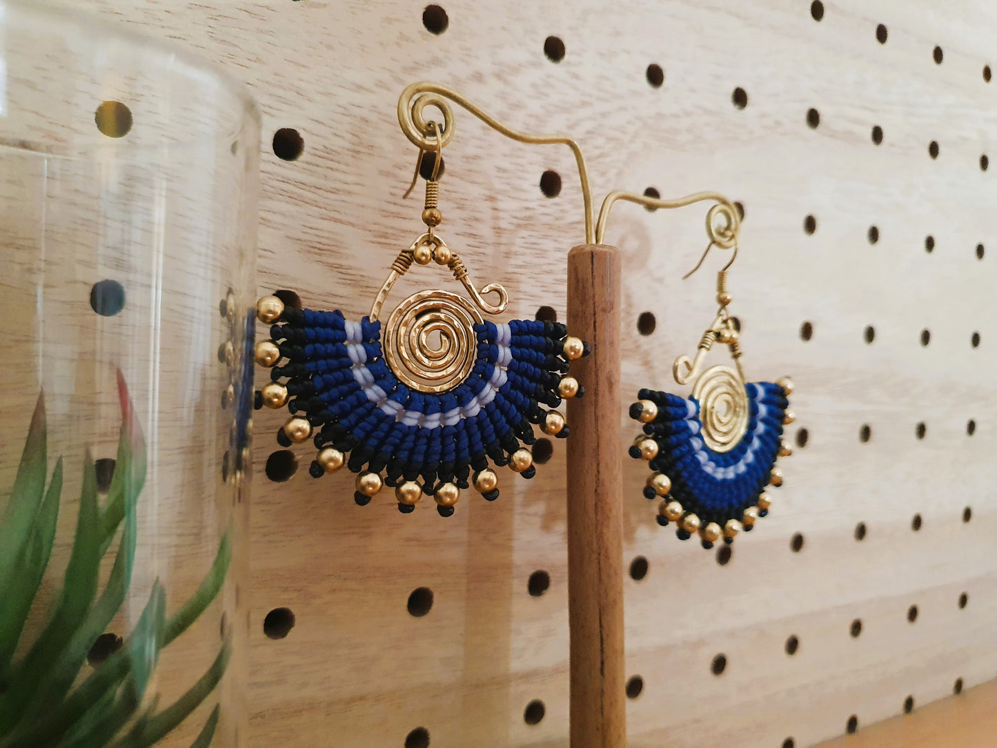 Blue macramé earrings,indigo earrings,wire wrap earrings,gold wire earrings,spiral earrings,thai earrings,handmade earrings,boho earrings