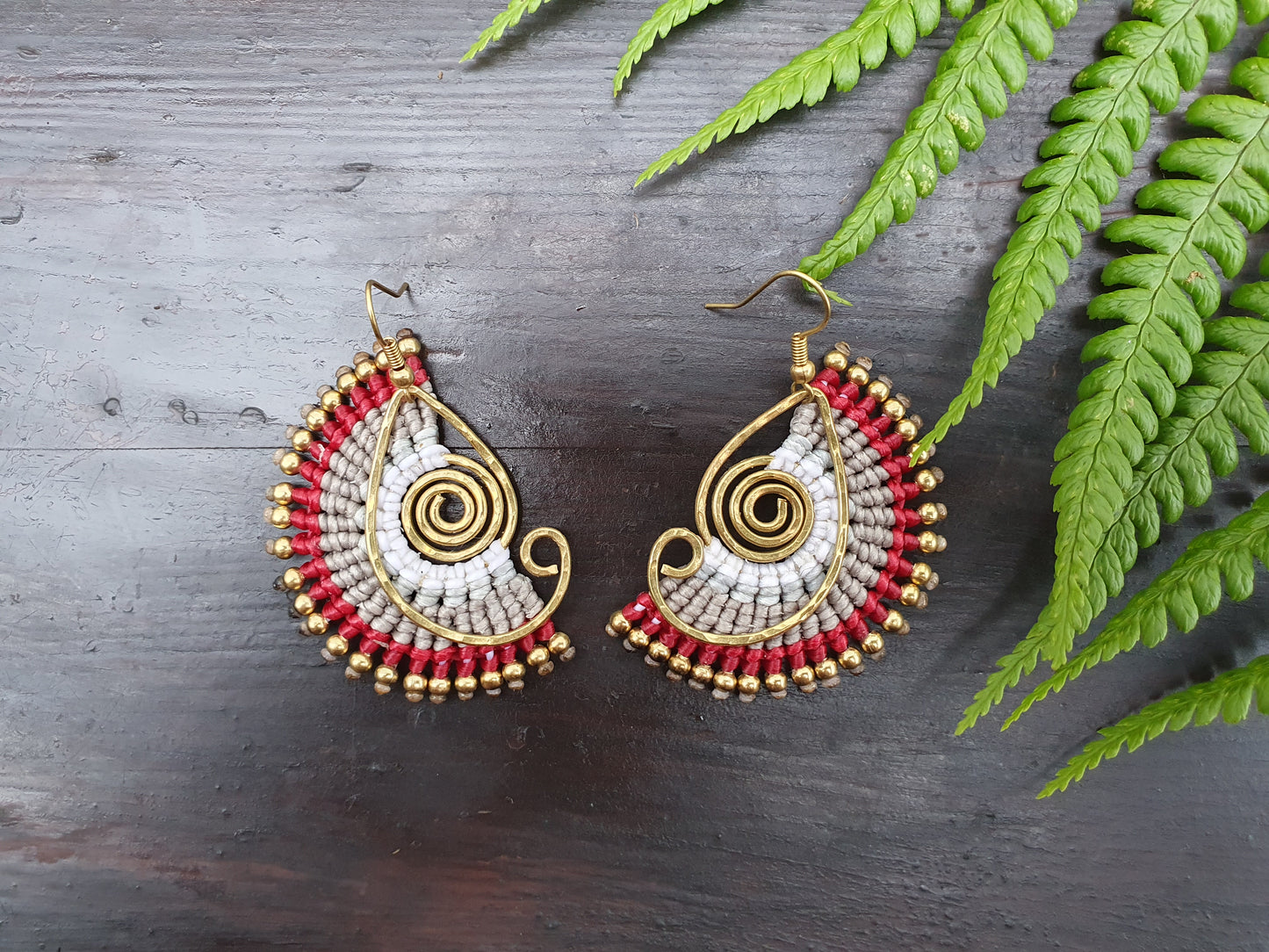 Red grey white macrame earrings,boho tribal Thai earrings,wire art spiral gold earrings,funky statement hippie earrings for her wife mother