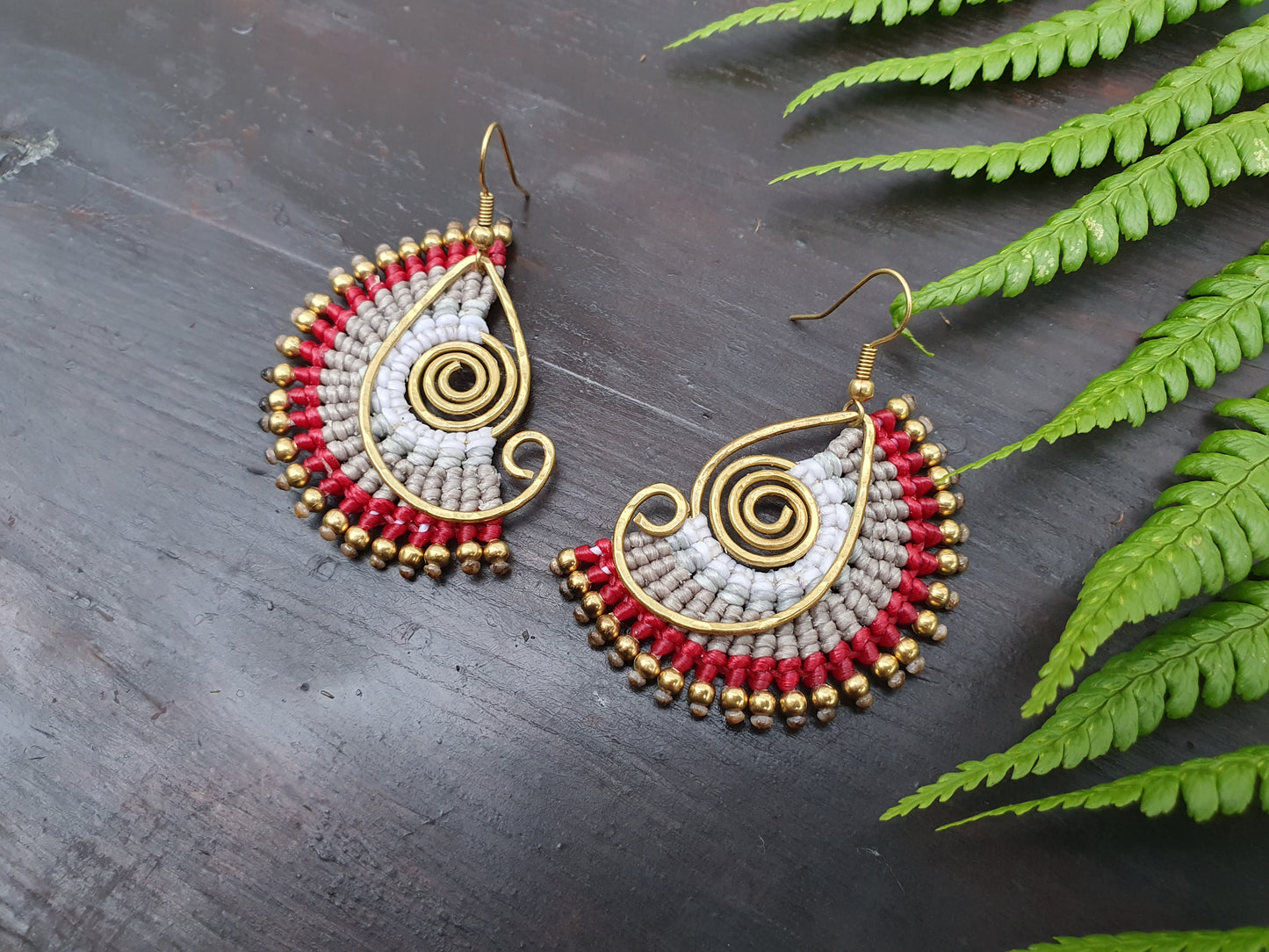 Red grey white macrame earrings,boho tribal Thai earrings,wire art spiral gold earrings,funky statement hippie earrings for her wife mother