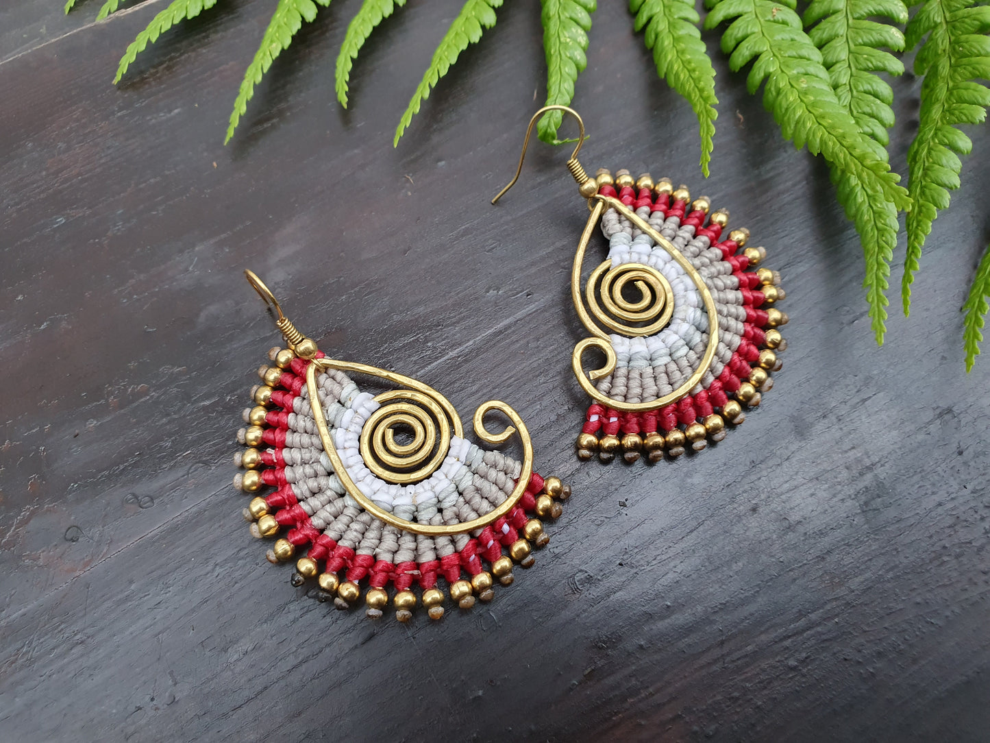 Red grey white macrame earrings,boho tribal Thai earrings,wire art spiral gold earrings,funky statement hippie earrings for her wife mother