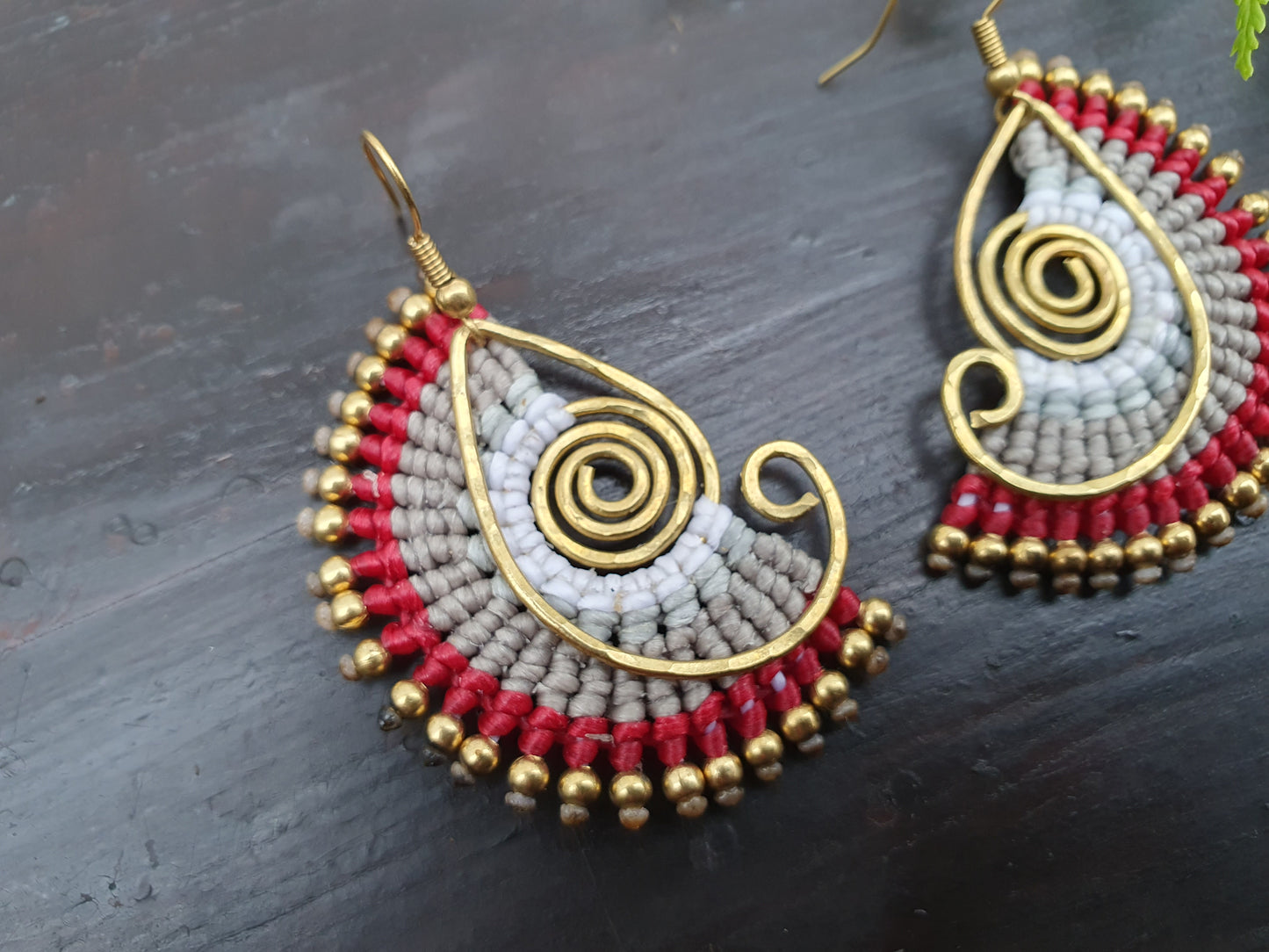 Red grey white macrame earrings,boho tribal Thai earrings,wire art spiral gold earrings,funky statement hippie earrings for her wife mother