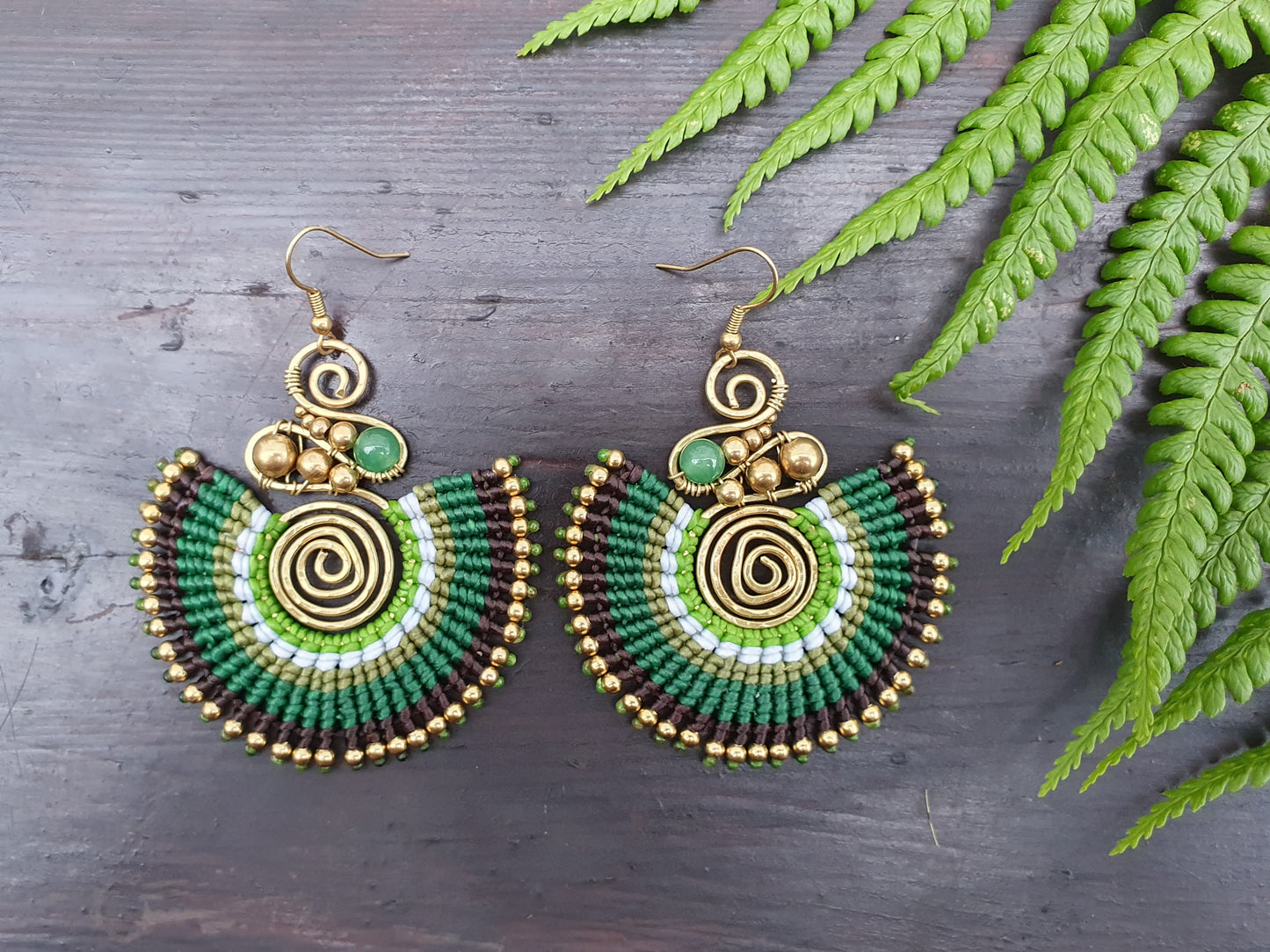 Jade crystal & green macrame earrings, full moon spiral circle gemstone for love, boho tribal Thai Aztec Egyptian African statement