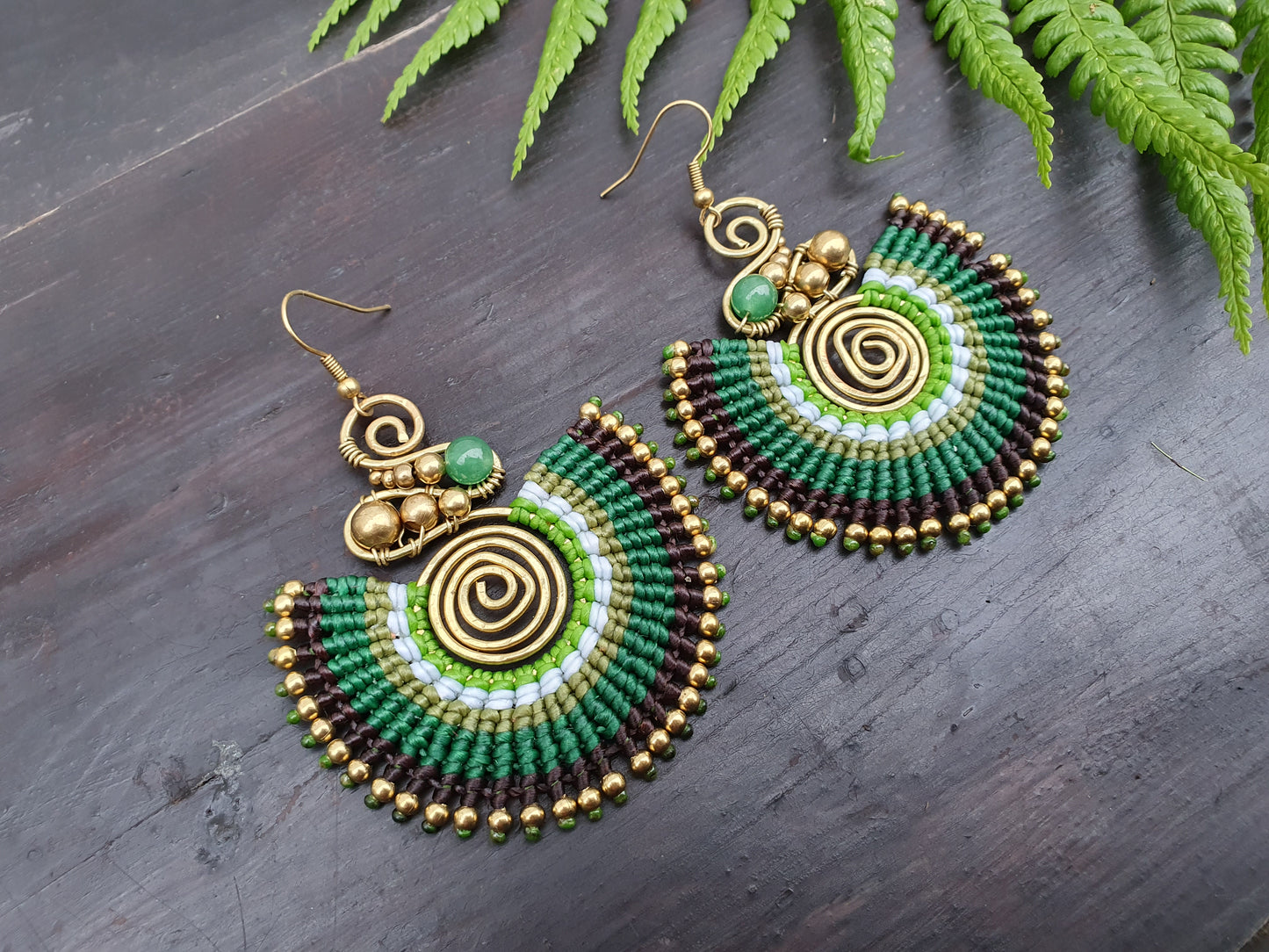 Jade crystal & green macrame earrings, full moon spiral circle gemstone for love, boho tribal Thai Aztec Egyptian African statement