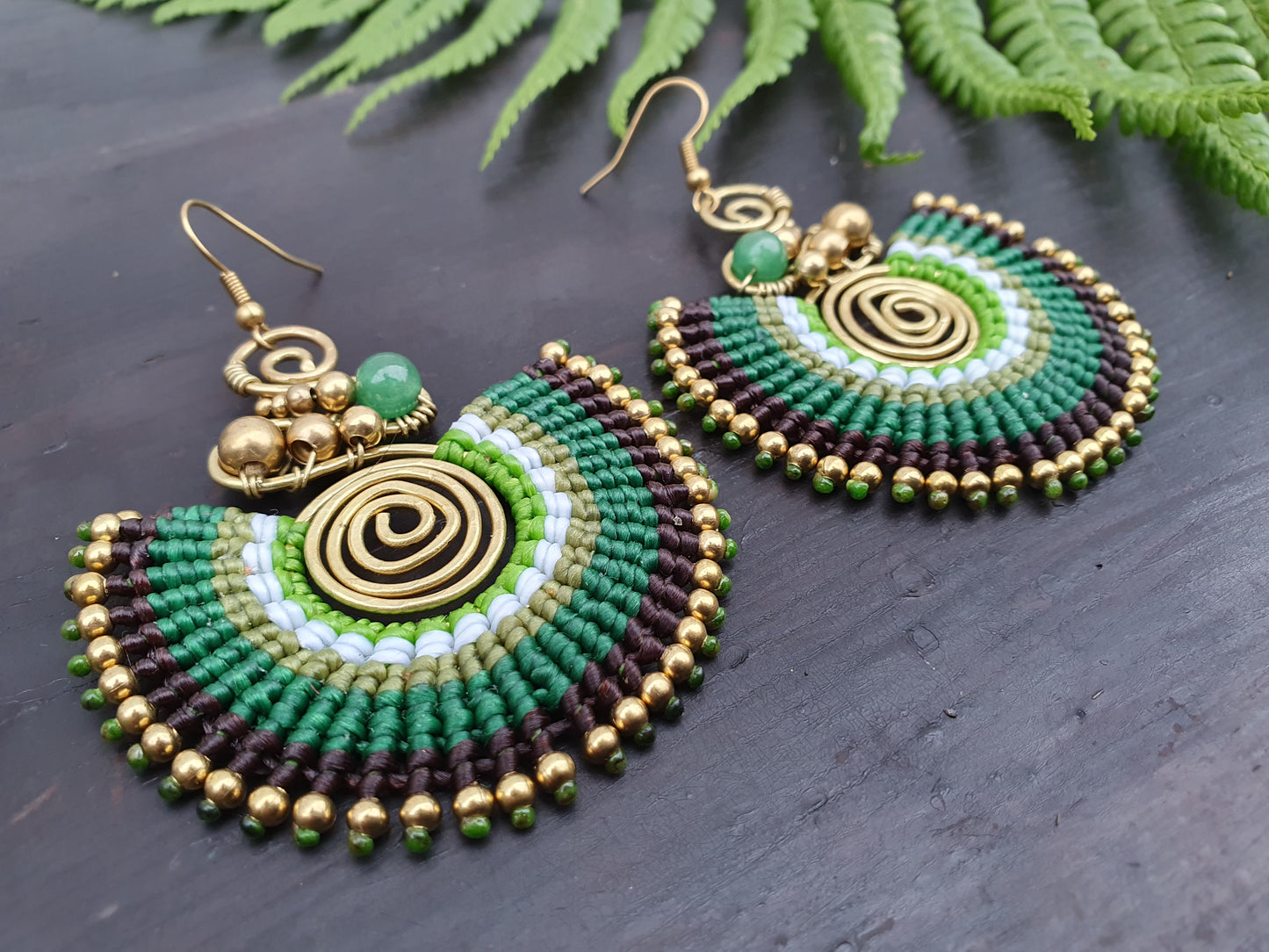 Jade crystal & green macrame earrings, full moon spiral circle gemstone for love, boho tribal Thai Aztec Egyptian African statement