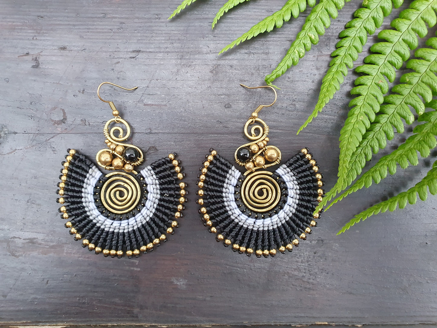 Black agate crystal & black macrame earrings, full moon spiral circle gemstone for love, boho tribal Thai Aztec Egyptian African statement