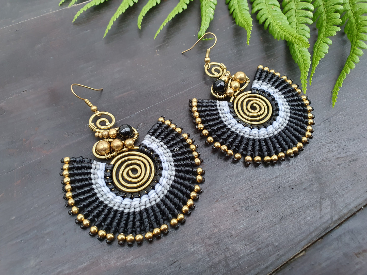 Black agate crystal & black macrame earrings, full moon spiral circle gemstone for love, boho tribal Thai Aztec Egyptian African statement